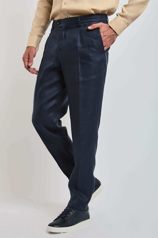 Dalydress men's navy tailored trousers with beige shirt and black sneakers