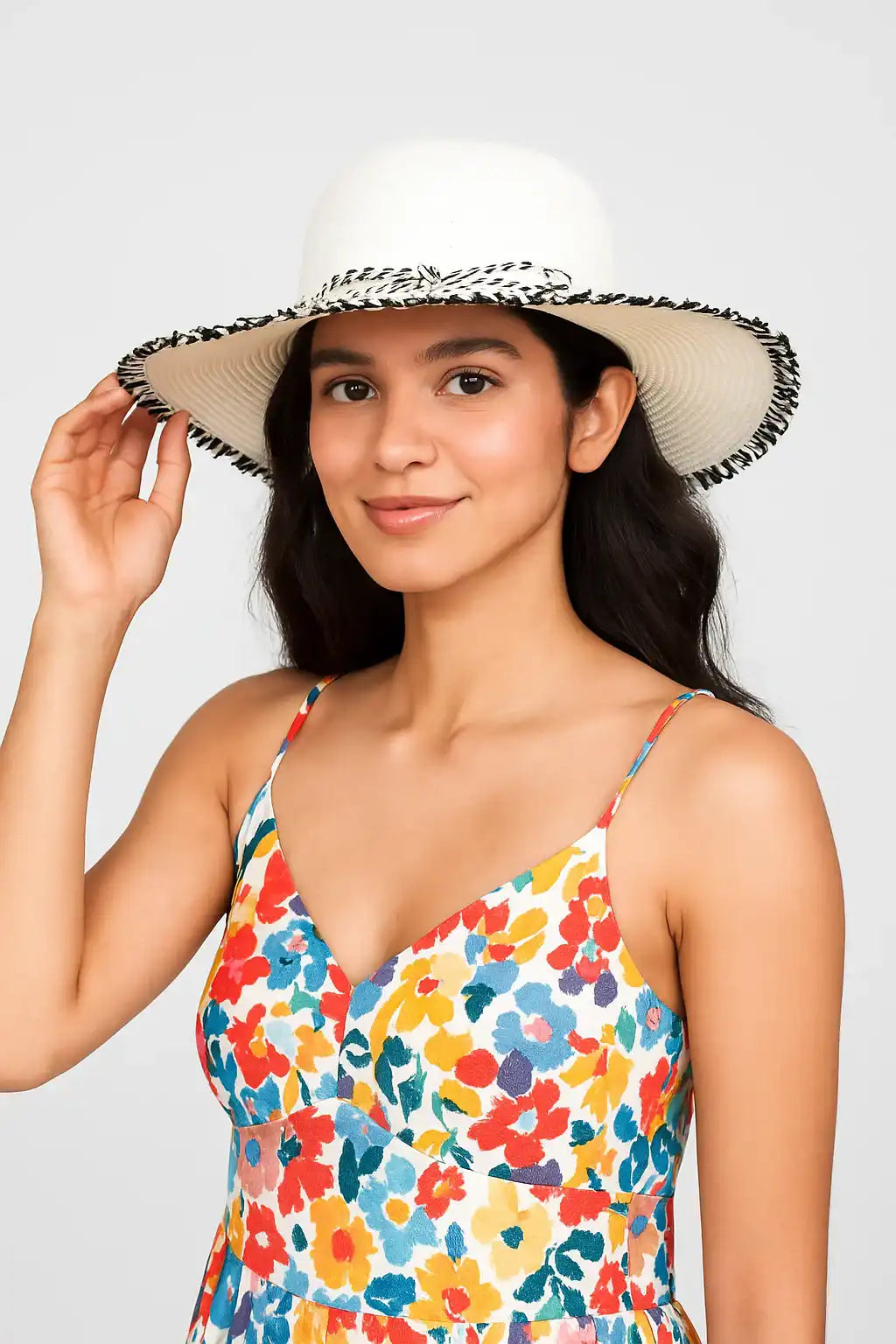 Two-Tone Brim Hat with Decorative Braids