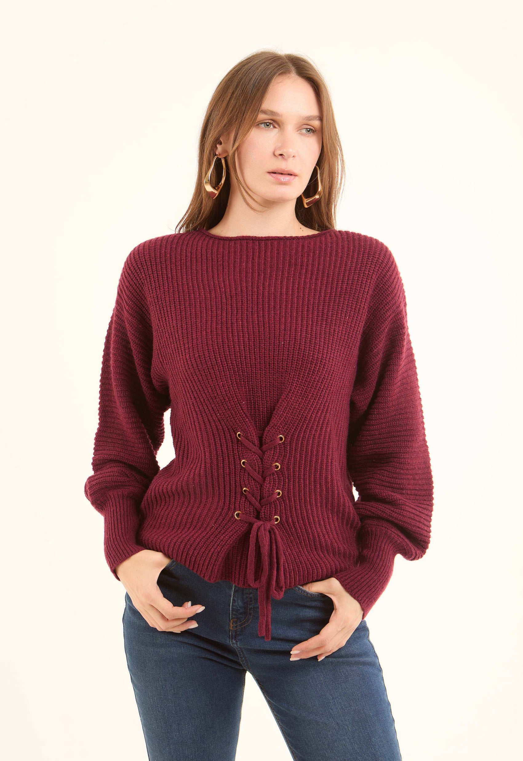 Chunky Knit Pullover with Lace-Up Corset Waist