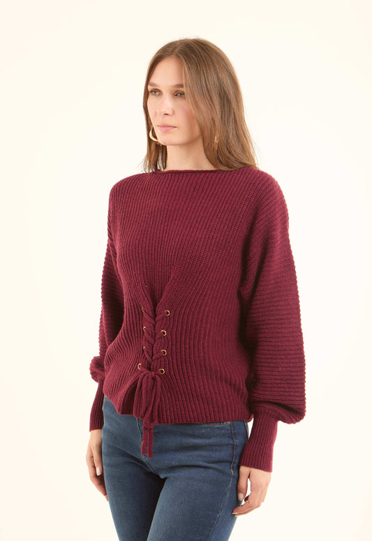Chunky Knit Pullover with Lace-Up Corset Waist