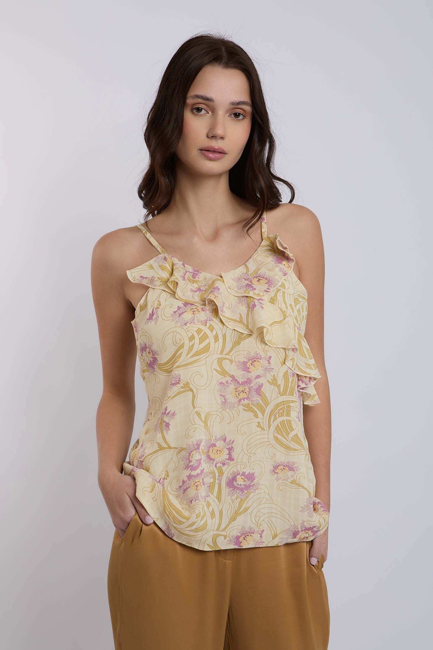 Dalydress women's yellow floral ruffle top with thin straps, styled for summer fashion