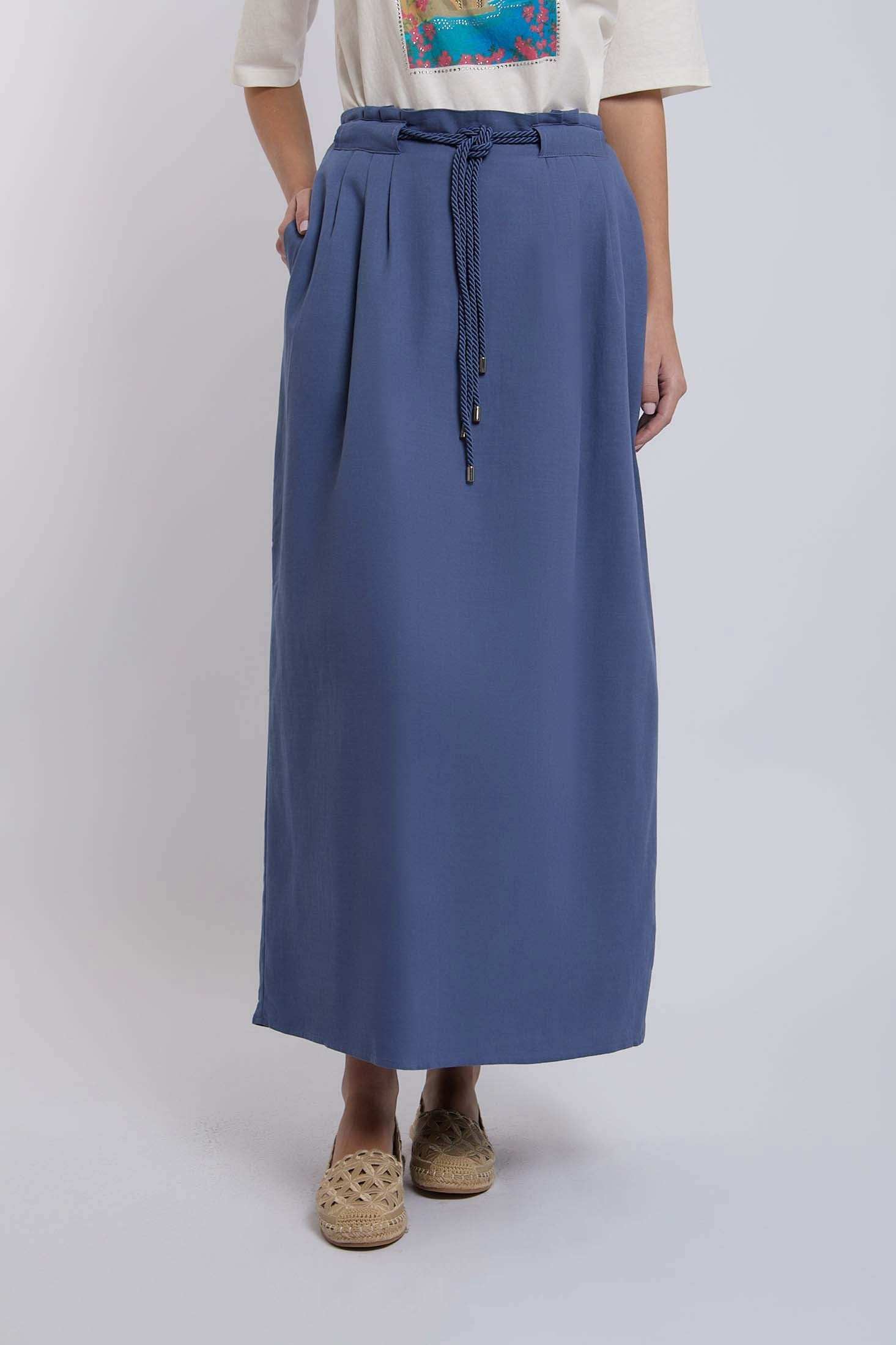 Dalydress women's blue maxi skirt with rope belt, paired with a printed white tee