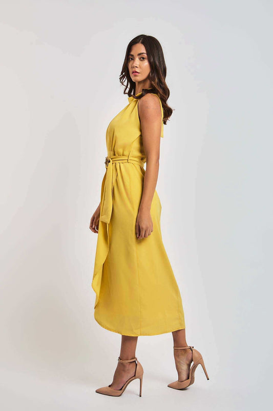 Dalydress women's yellow sleeveless belted midi dress, elegant fashion, neutral heels