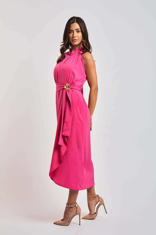 Woman modeling a sleeveless pink Dalydress midi dress with ruffled collar and waist belt