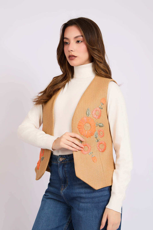 Women Regular Fit Vest Brown