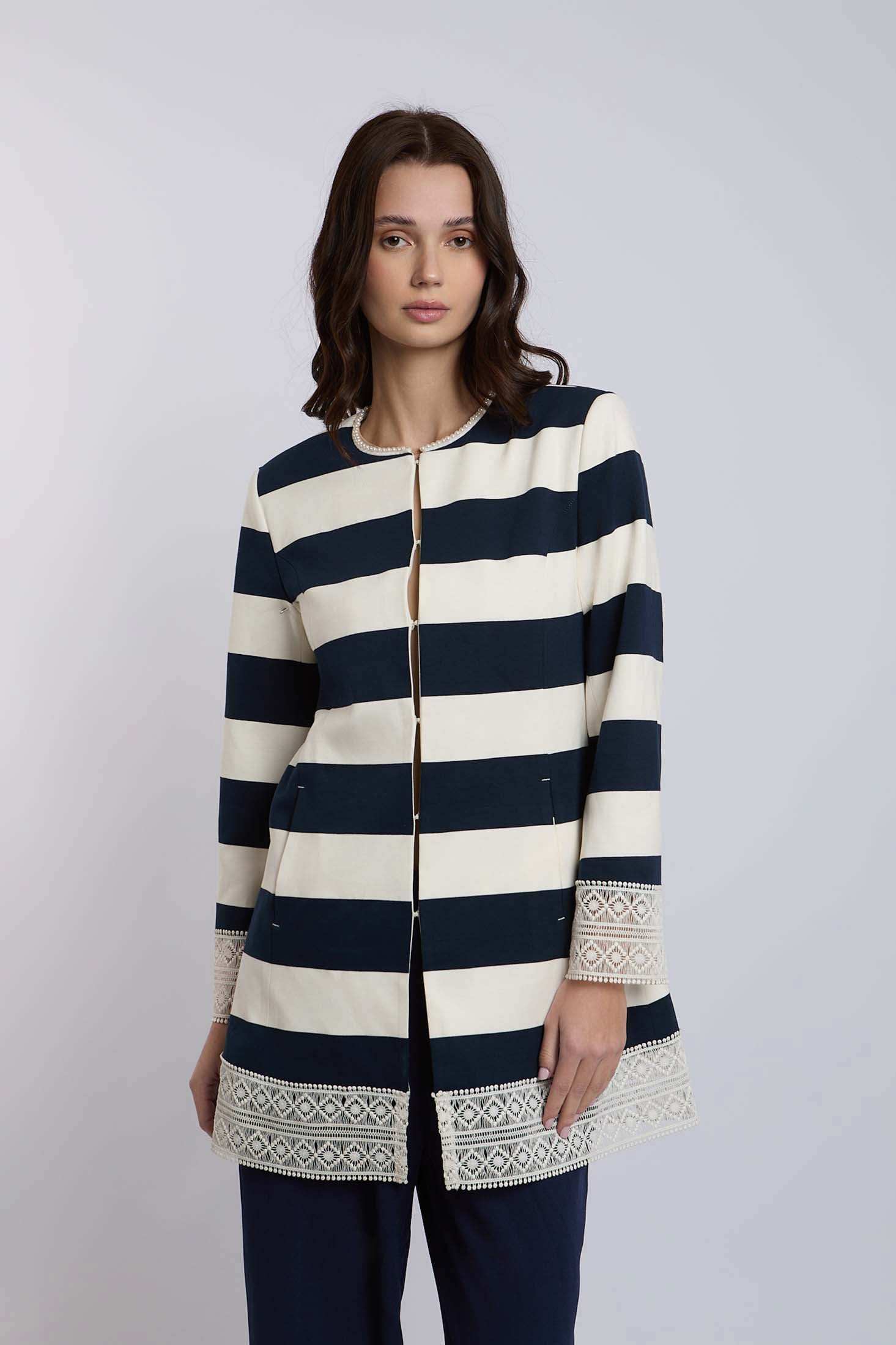 Dalydress women's black and white striped long jacket with lace details, urban fashion