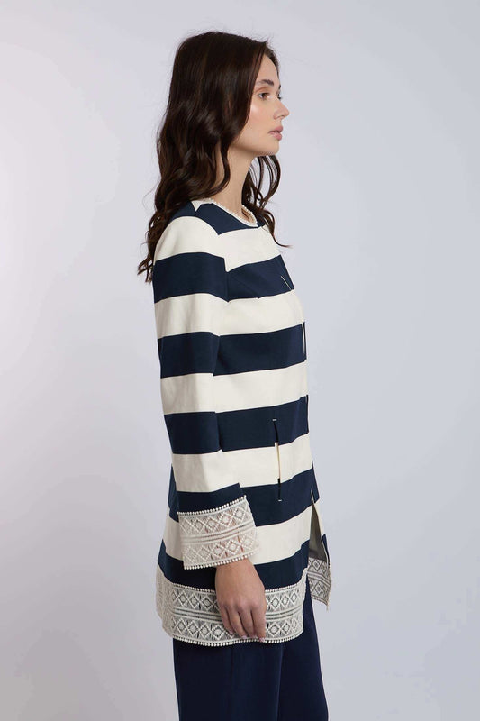 Dalydress women's navy and white striped jacket with lace trim, side view