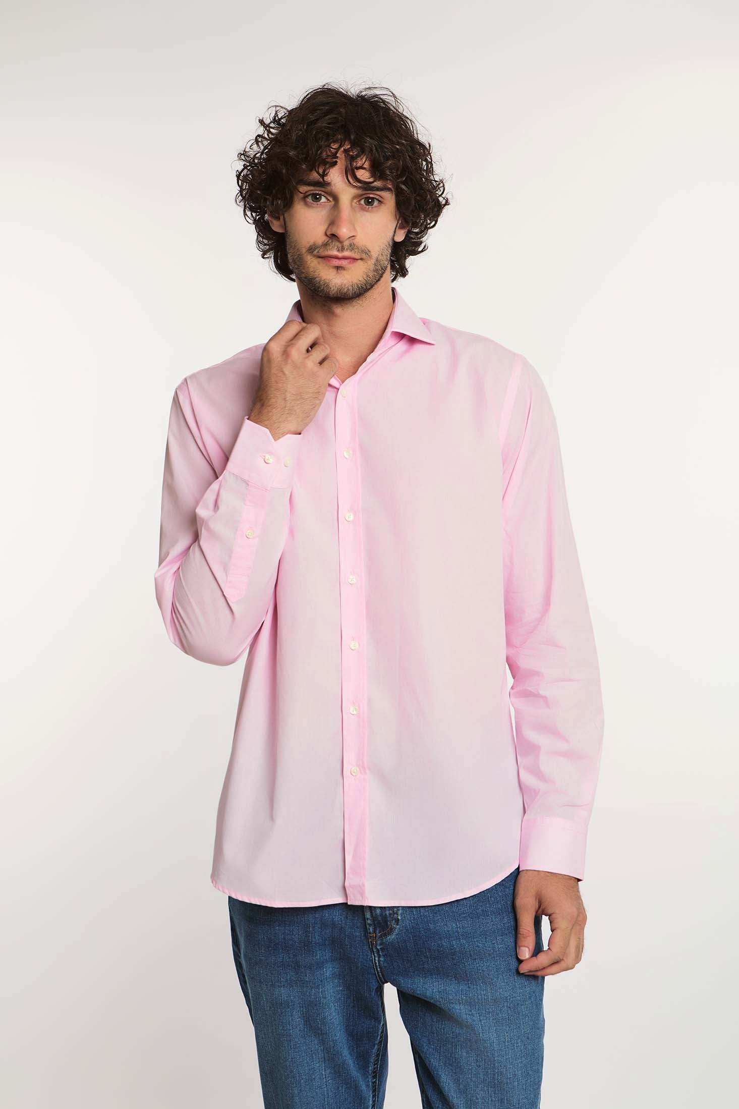 Dalydress men's fashion, model in light pink button-down shirt and jeans, white background