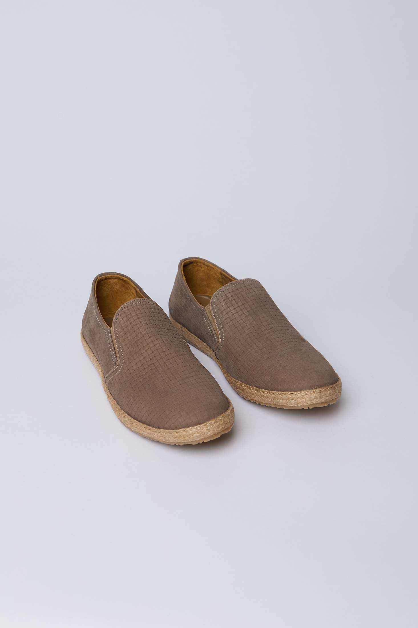 Dalydress men's taupe slip-on shoes with textured suede and woven sole, studio background
