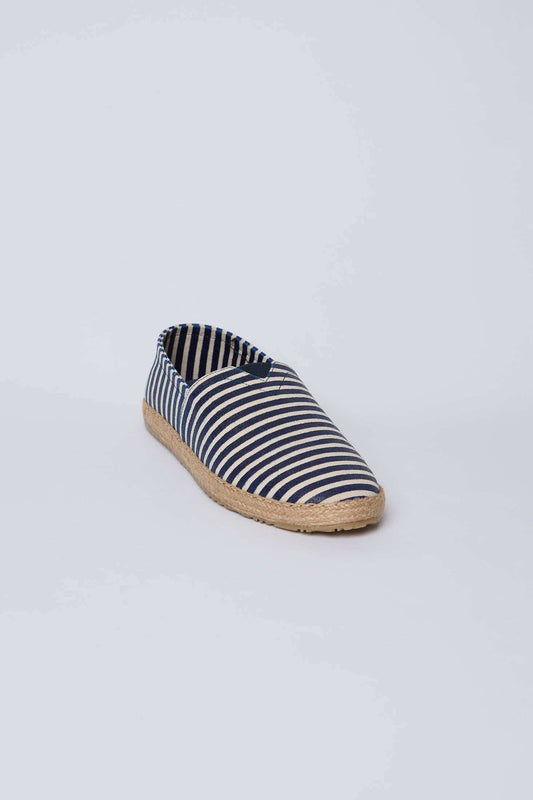 Dalydress navy striped espadrille shoe with jute sole on white background