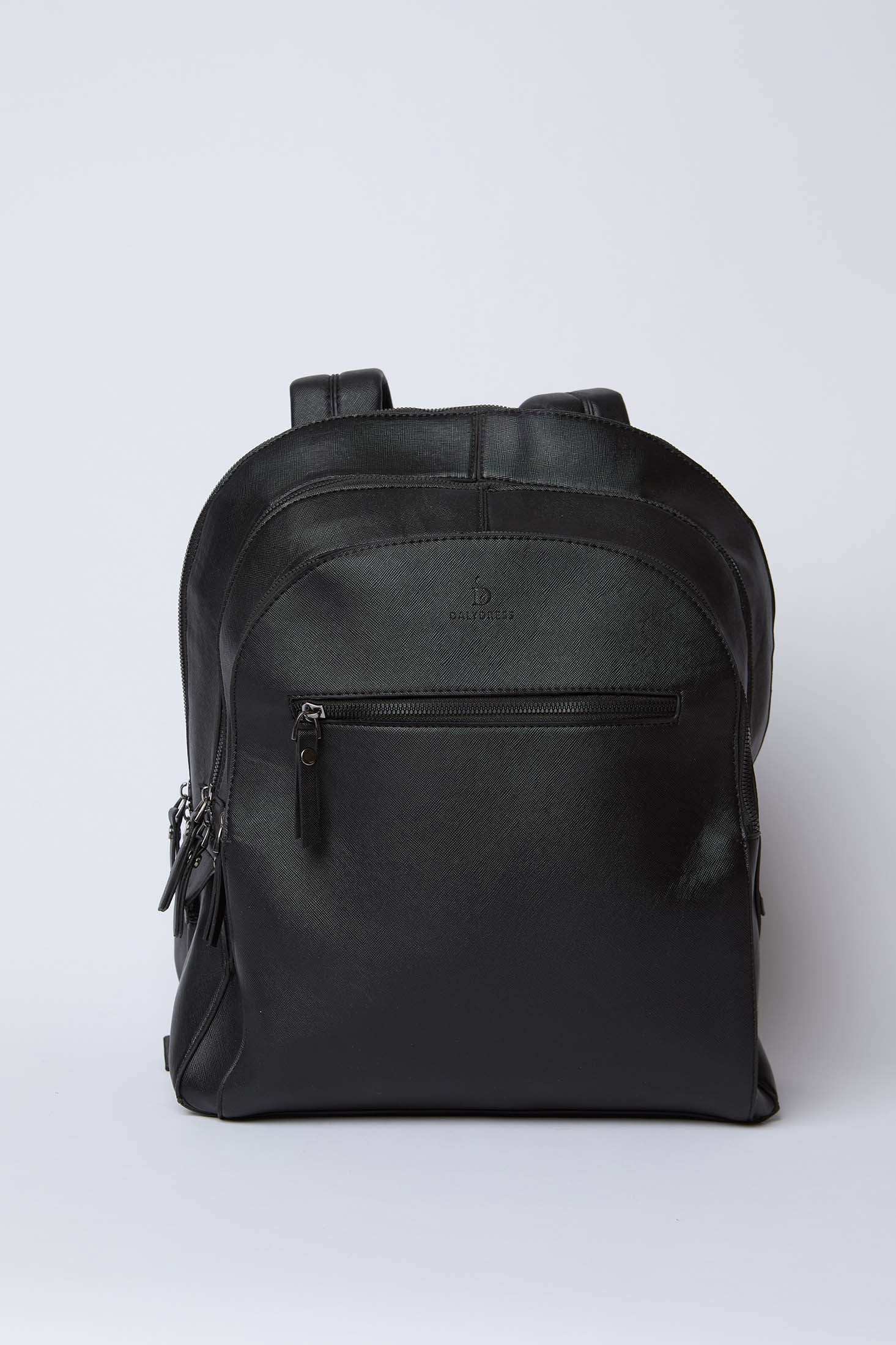 Dalydress black leather backpack with front zipper pocket, minimalist design on white background