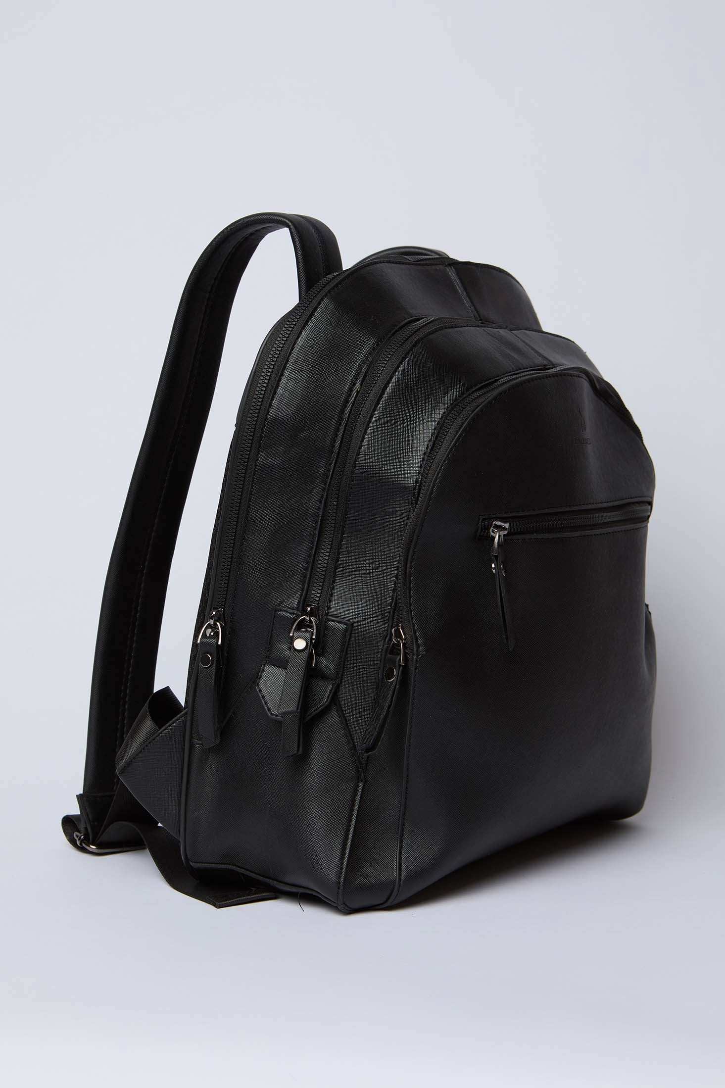 Dalydress black leather backpack with multiple zippered compartments, minimalist design