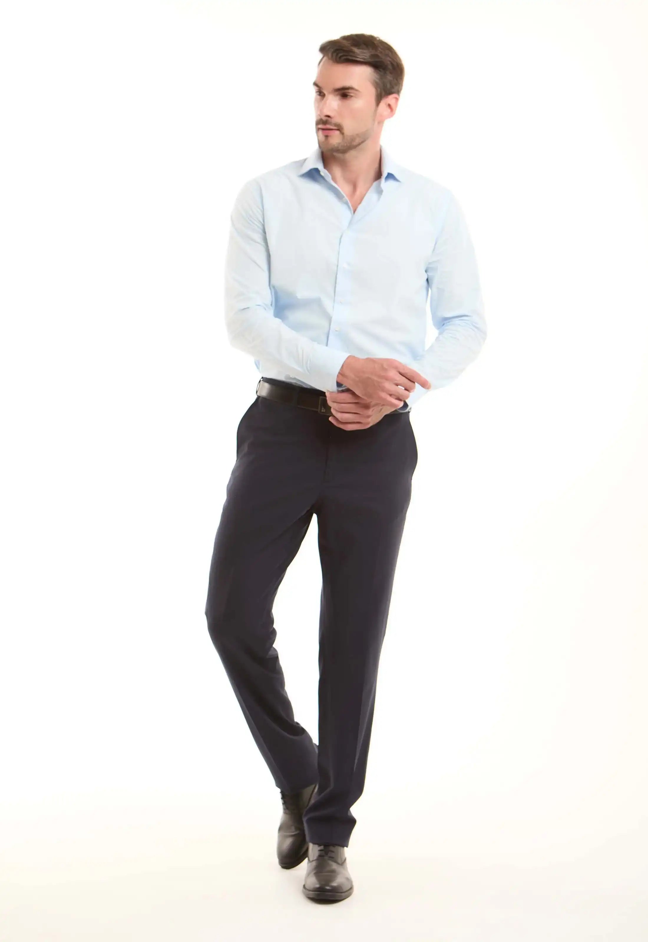 Navy Wool-Blend Straight Pants