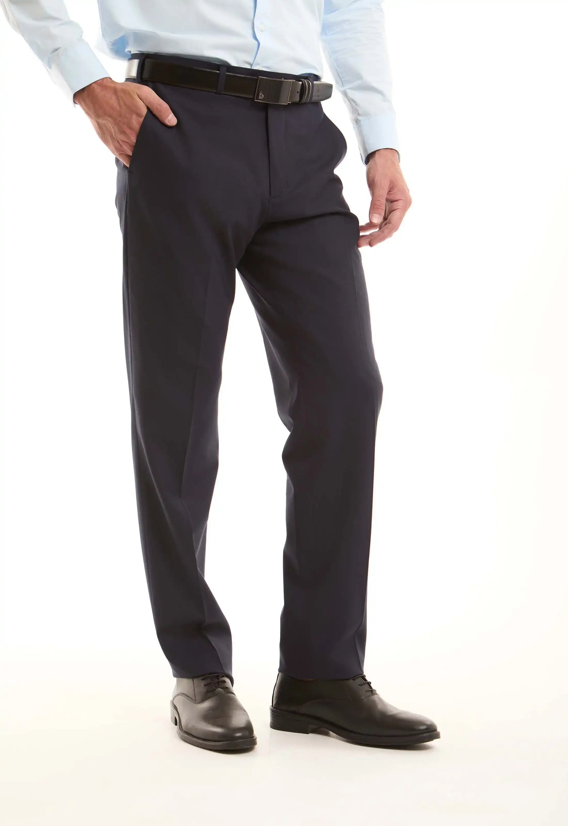 Navy Wool-Blend Straight Pants