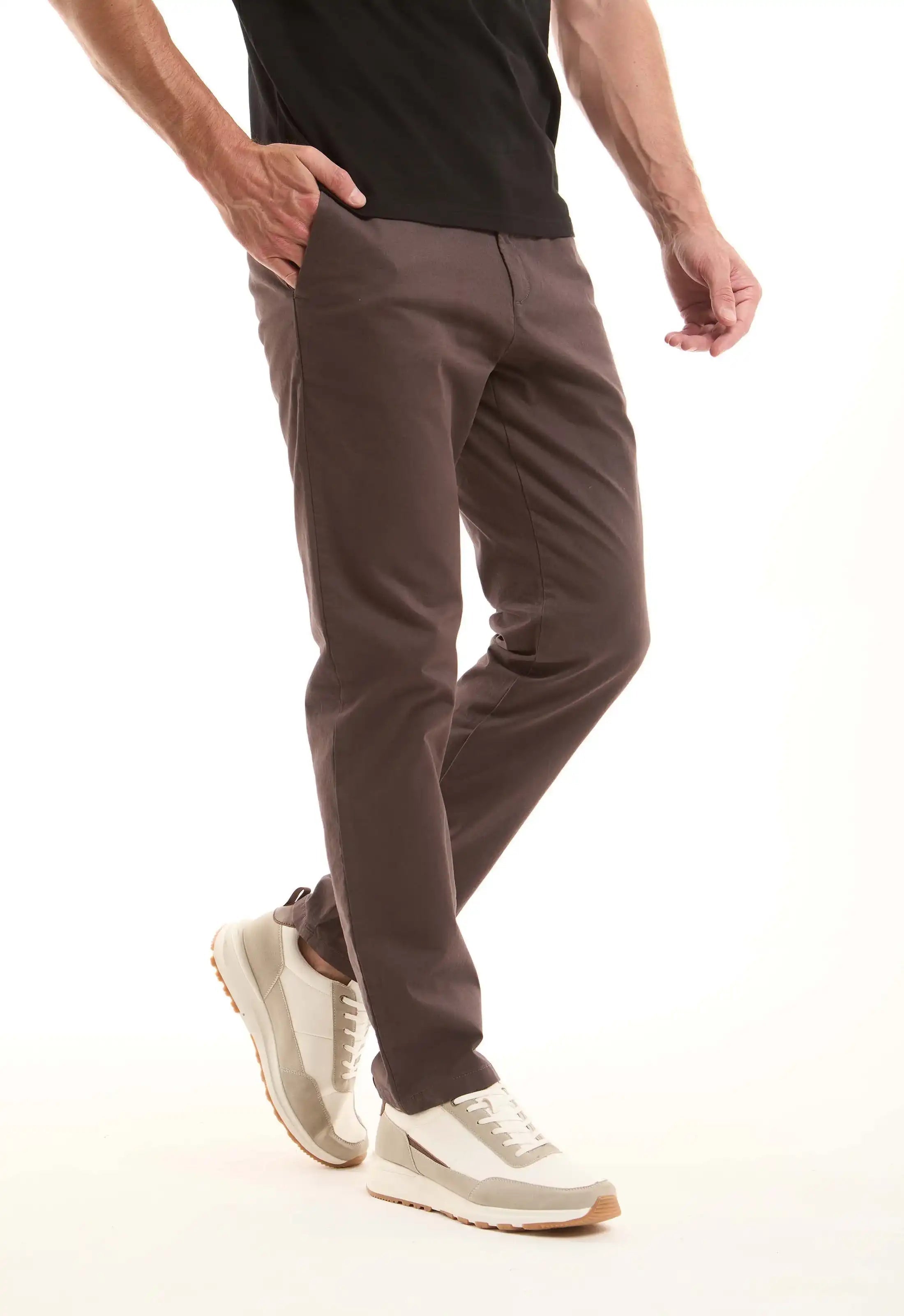 Brown Cotton Straight-Fit Casual Pants