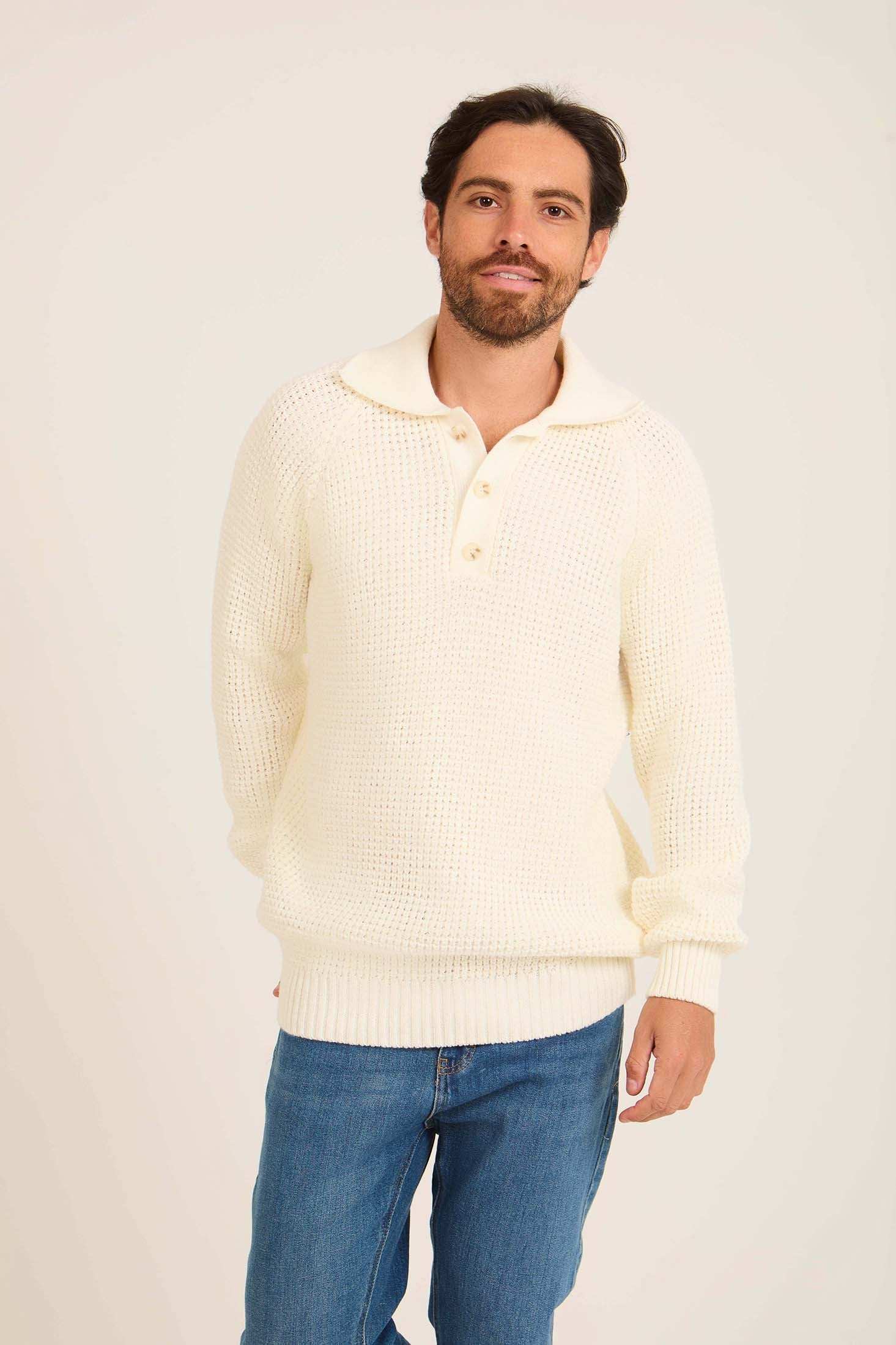Men Mock Neck Pullover with Buttons Off White