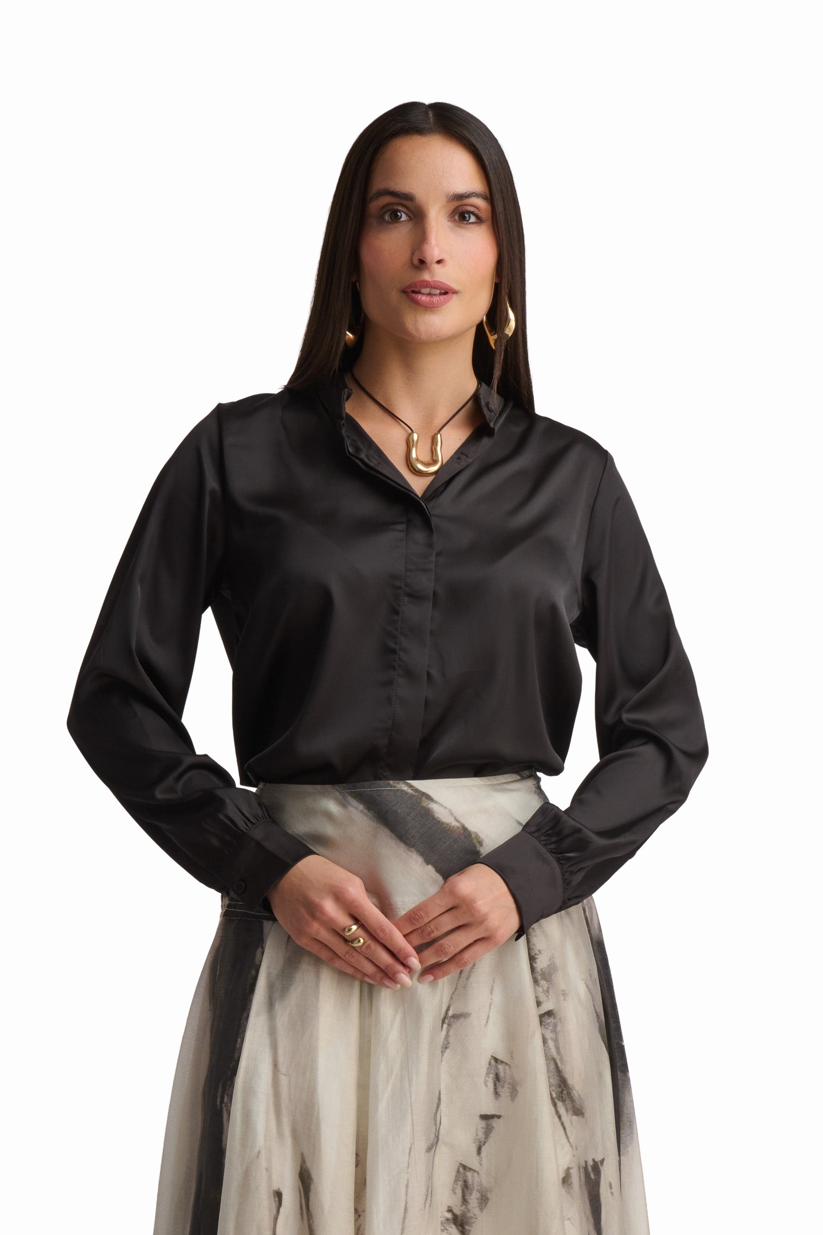 Black Satin Tie-Neck Blouse