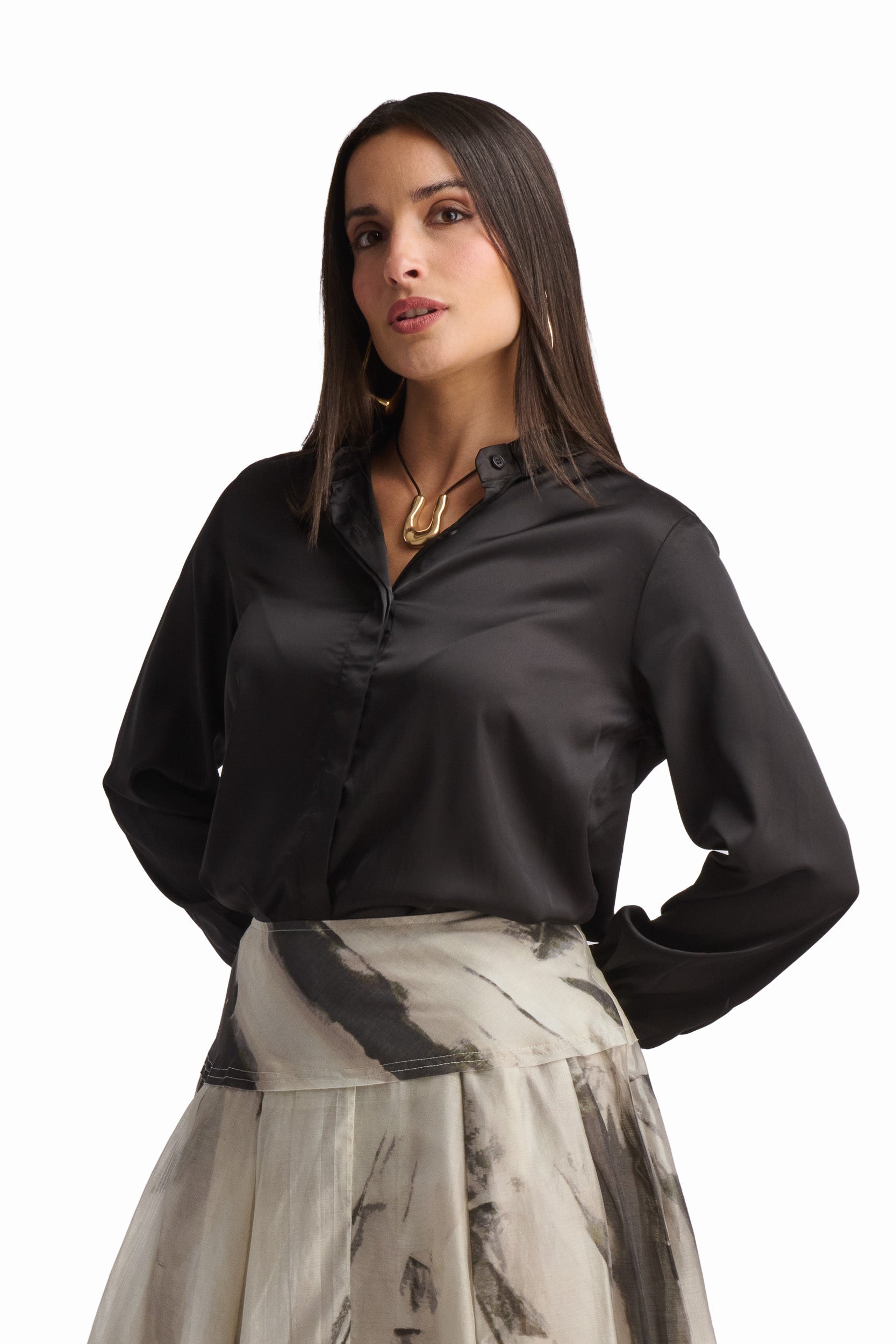 Black Satin Tie-Neck Blouse