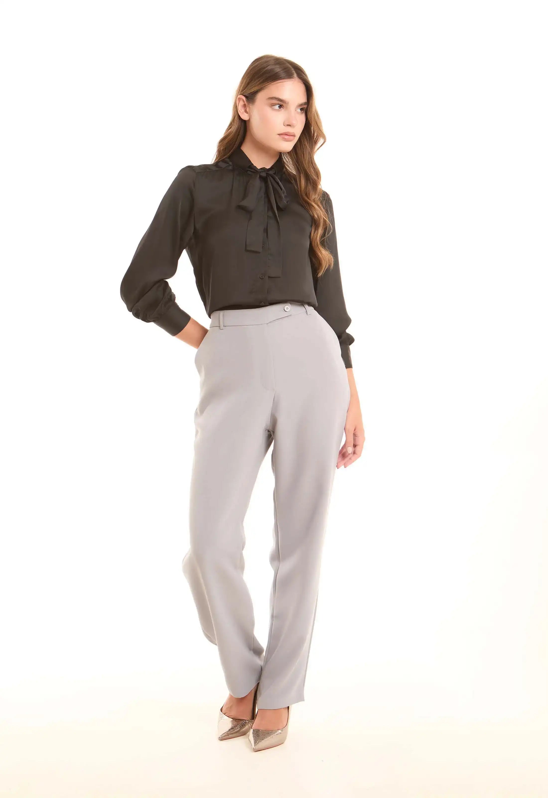 Grey High-Waist Straight Pants