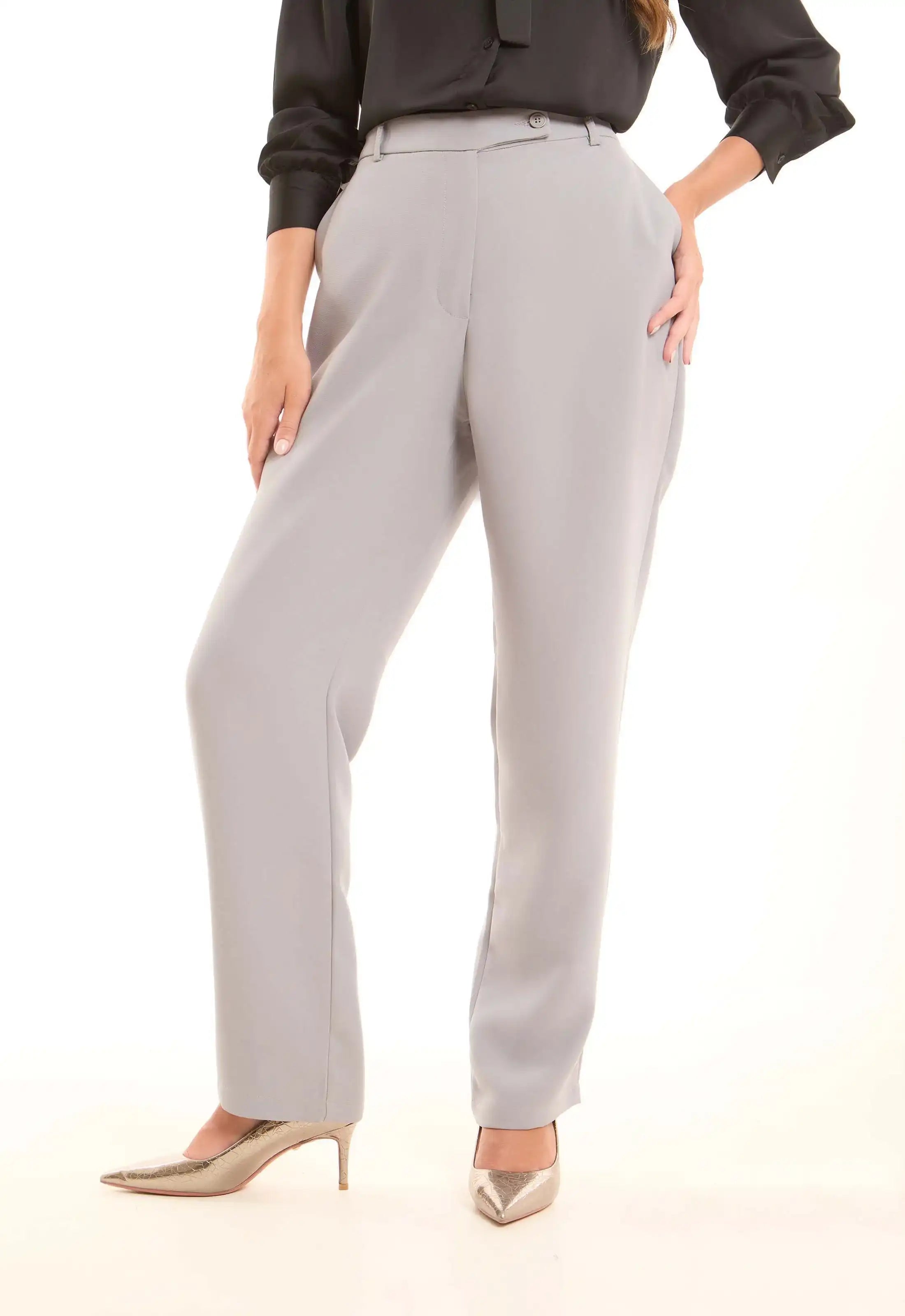 Grey High-Waist Straight Pants