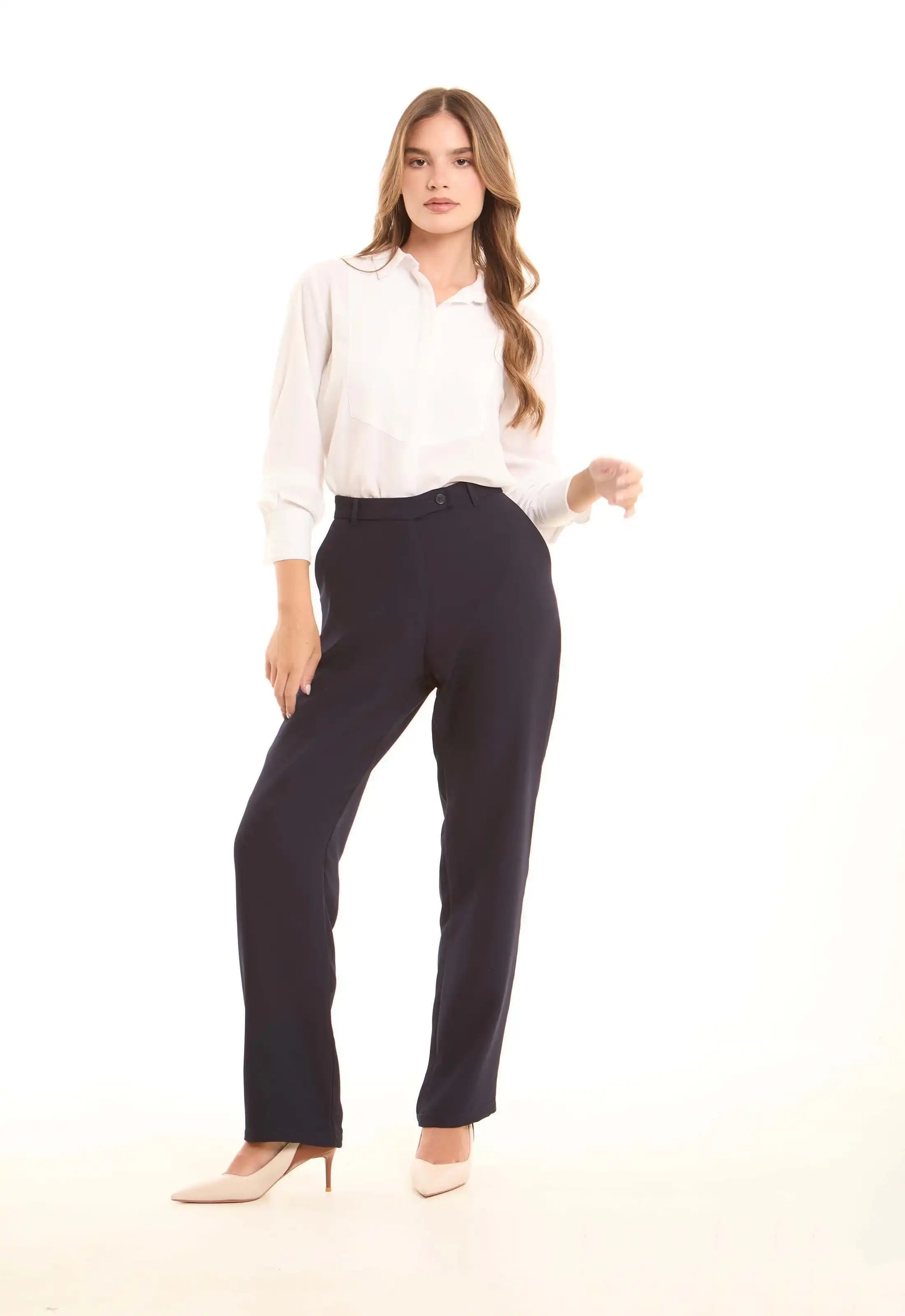 Navy High-Waist Straight Pants
