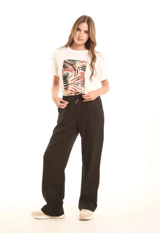 Wide-Leg Polyester Pants with Front Seam