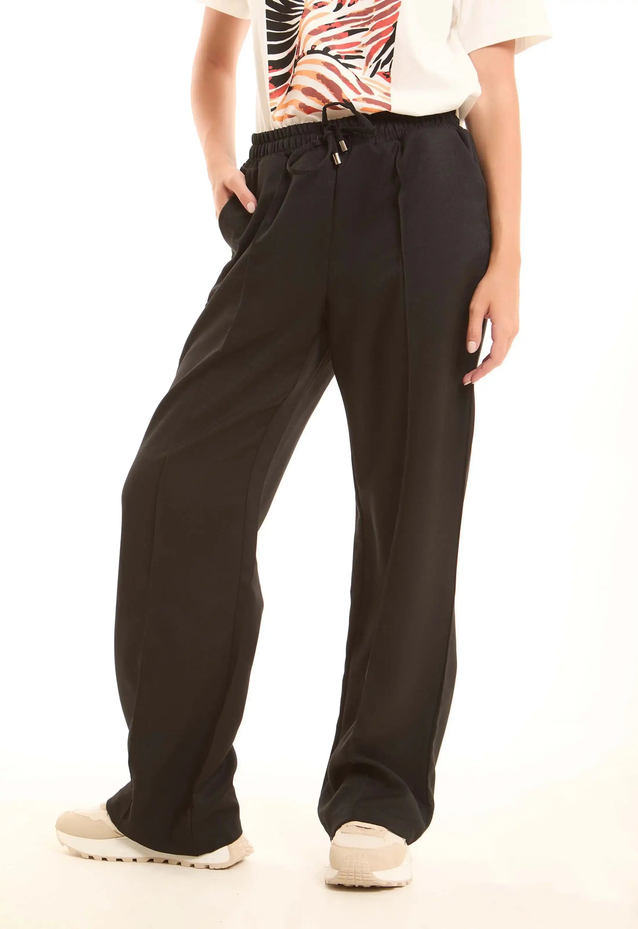 Black Wide-Leg Pants with Front Seam