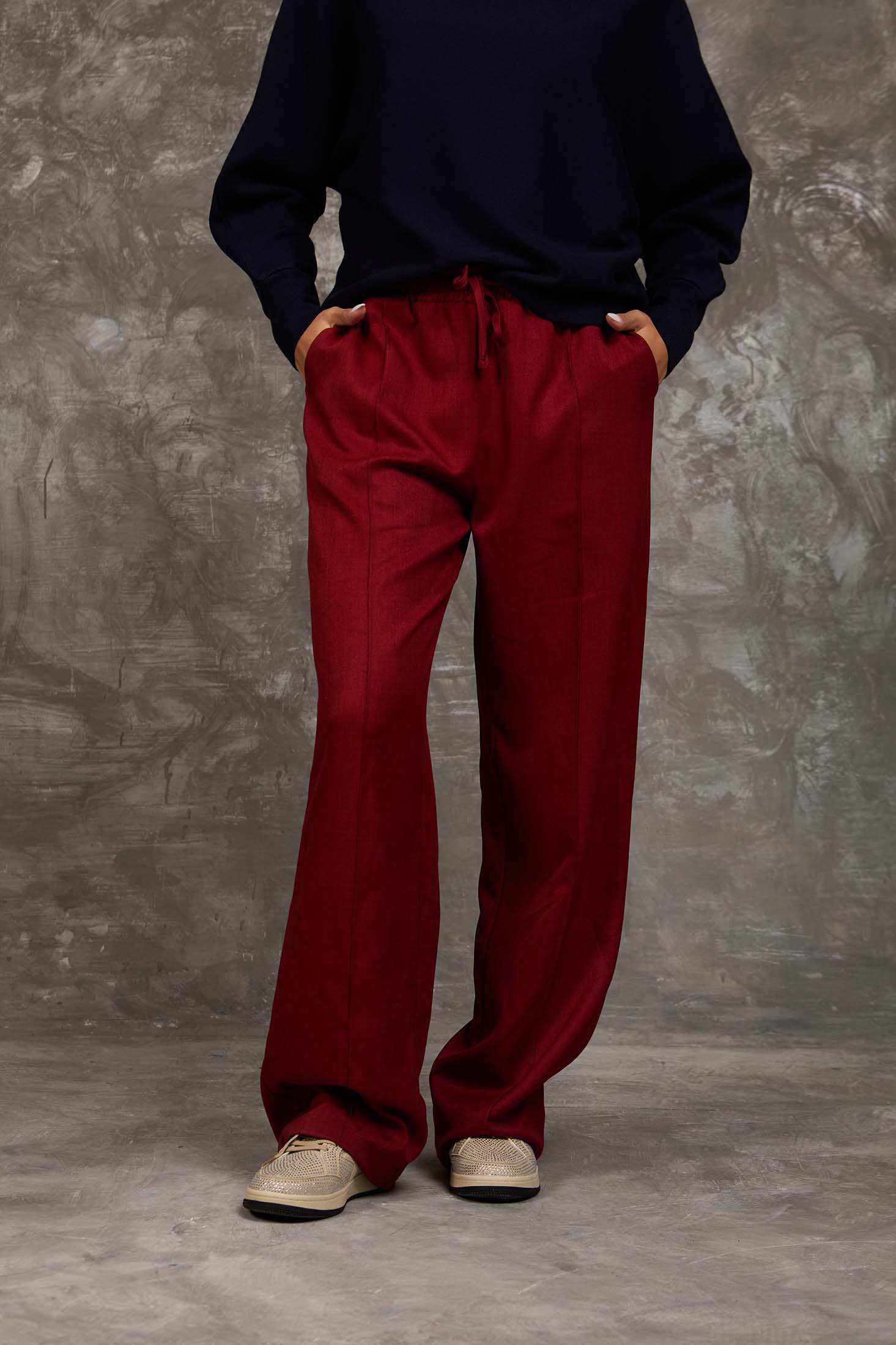 Burgundy Wide-Leg Polyester Pants