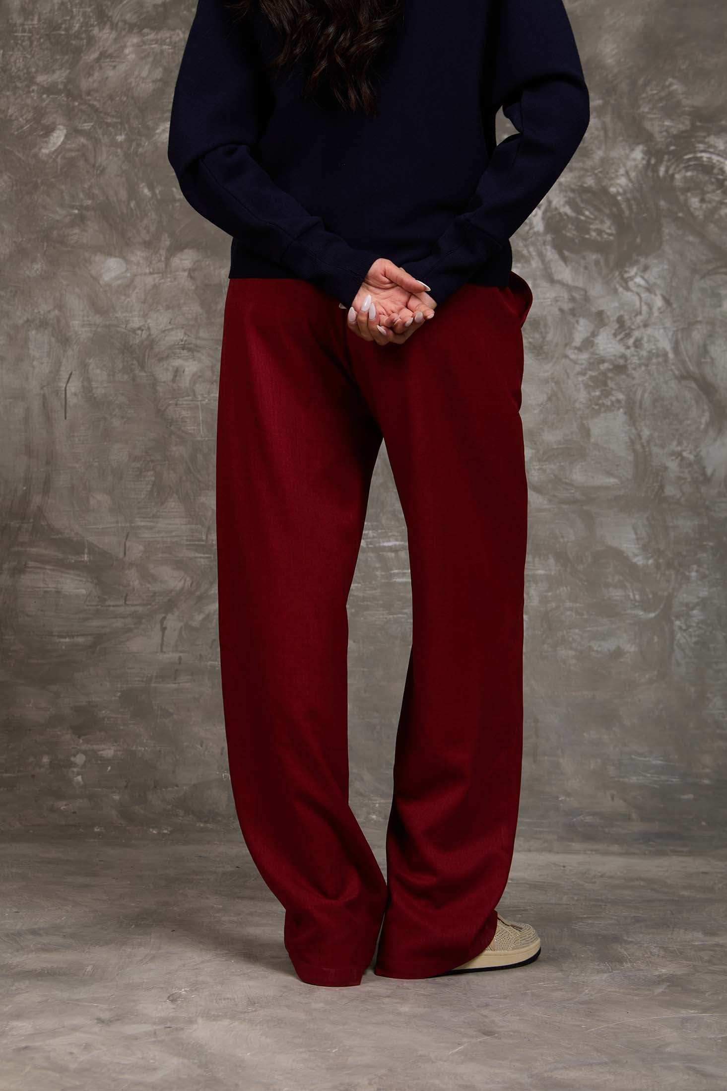 Burgundy Wide-Leg Polyester Pants