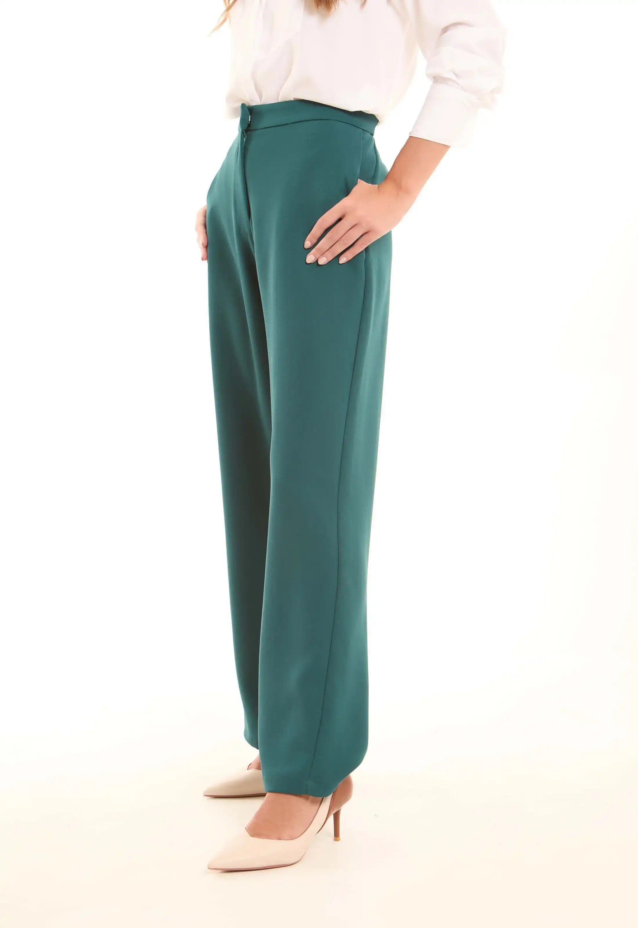 Petrol Green High-Waist Straight Trousers