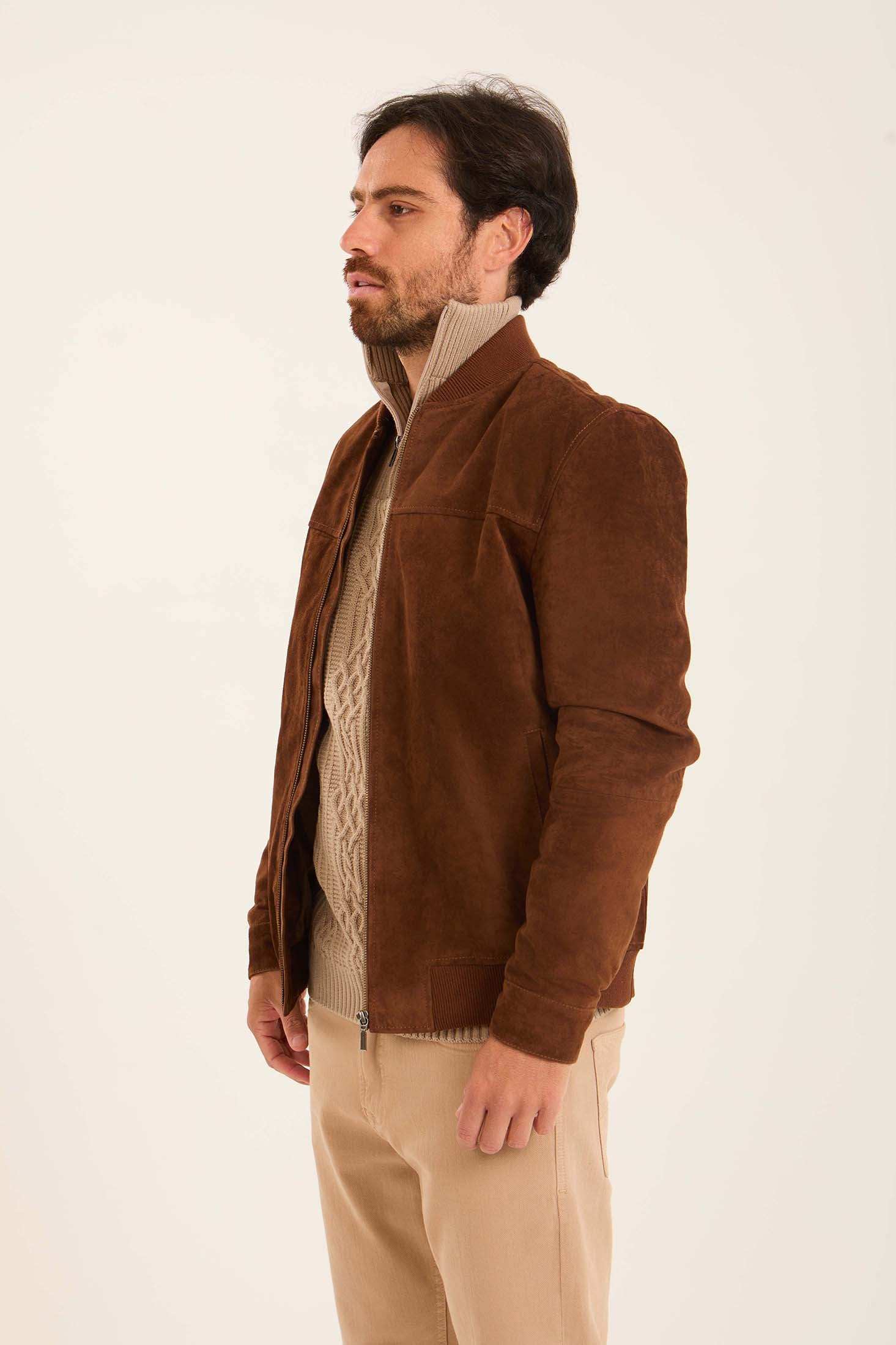 Men Suede Genuine Leather Jacket Brown