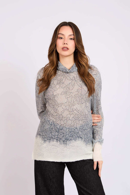 Women Regular Fit Pullover Grey/Off White