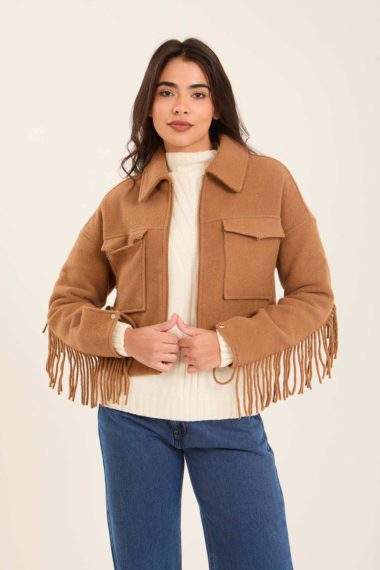 Women Short Jacket with Fringes Brown