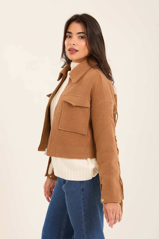 Women Short Jacket with Fringes Brown