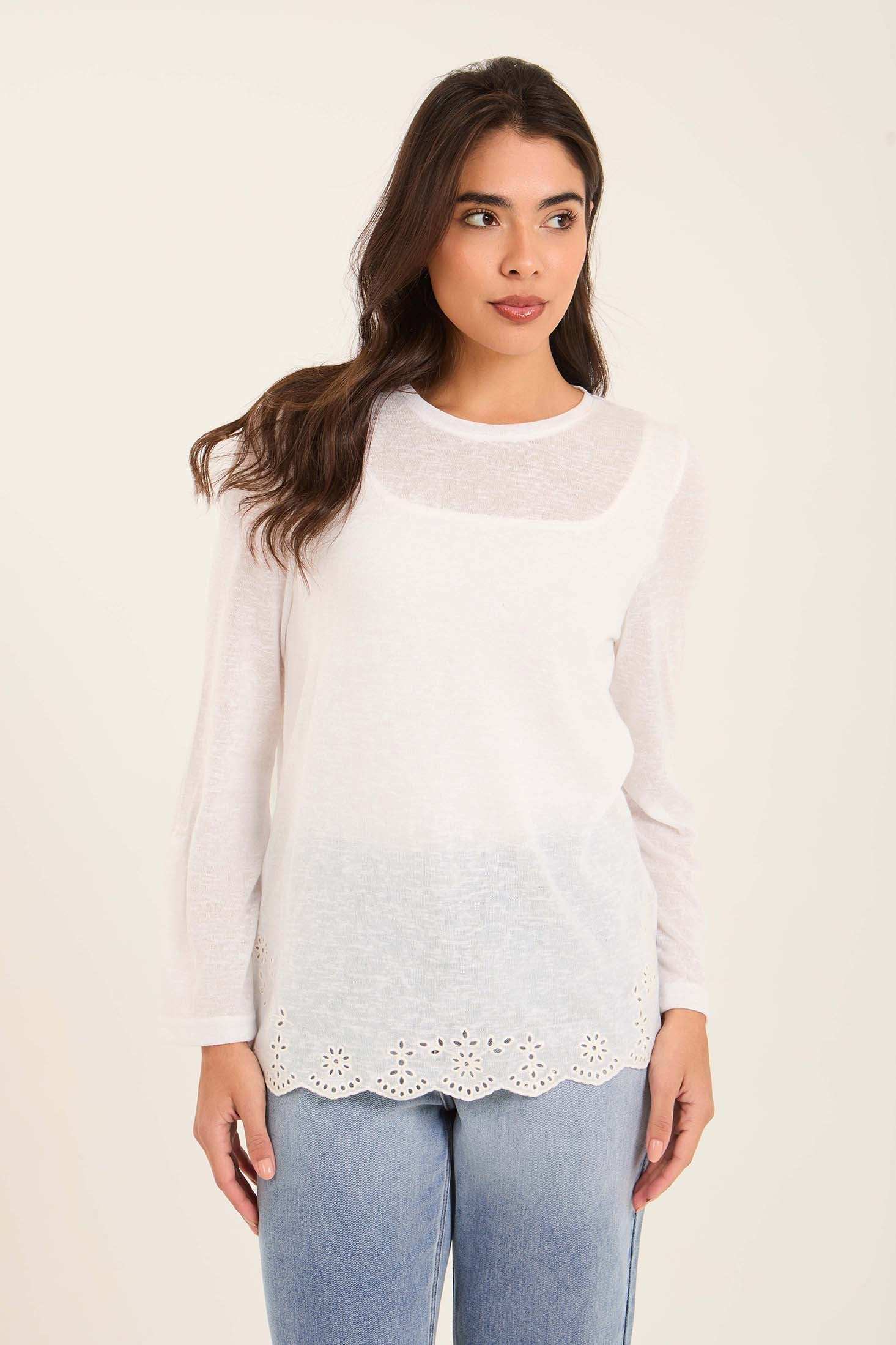 Textured Long Sleeves Tee with Embroidered Trim