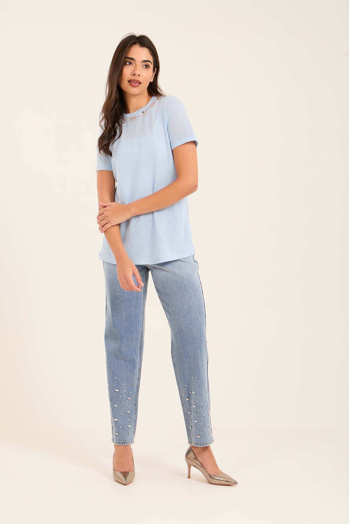 Embellished Rhinestone Crew Neck Tee