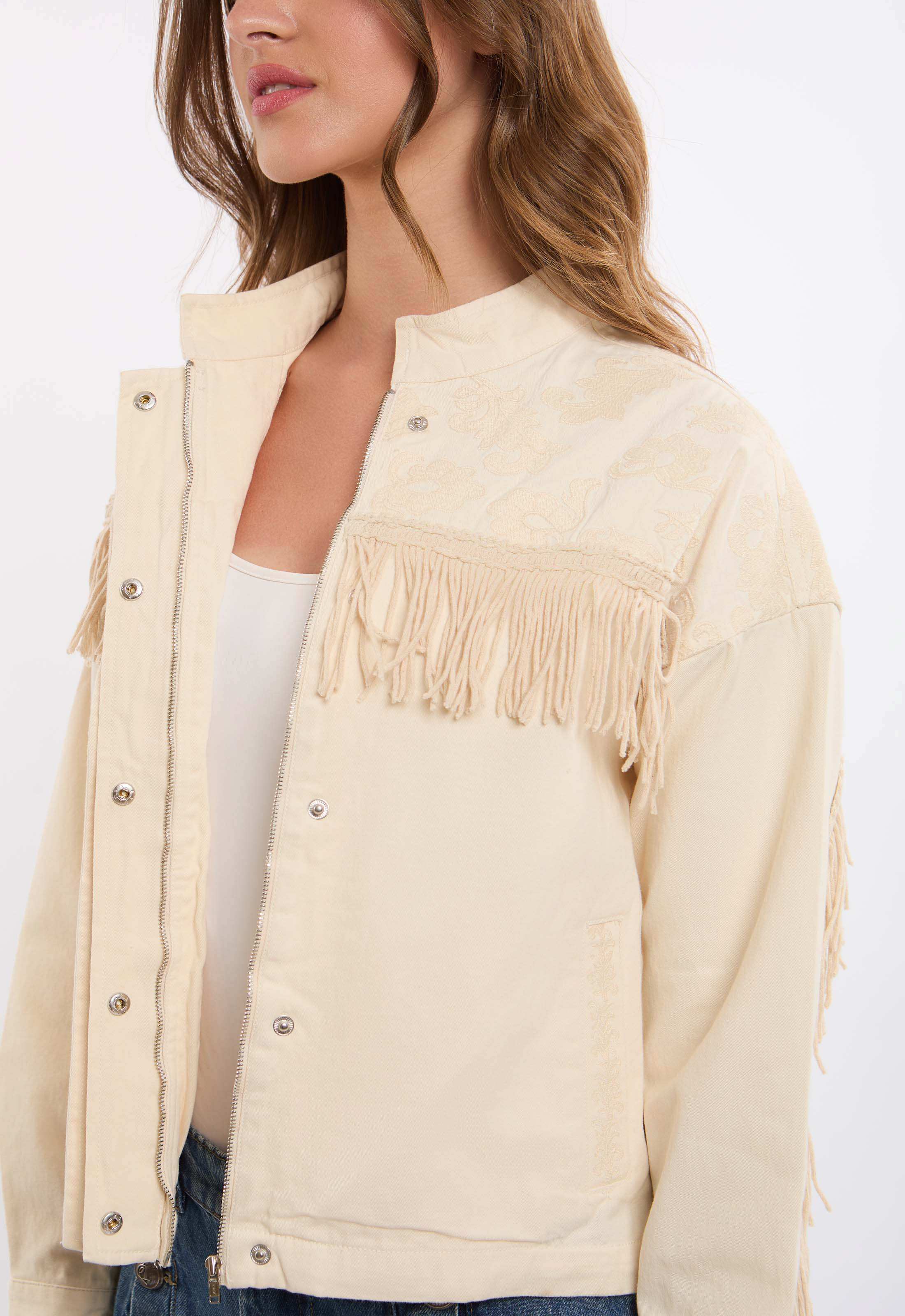 Fringe & Lace Panel Denim Jacket