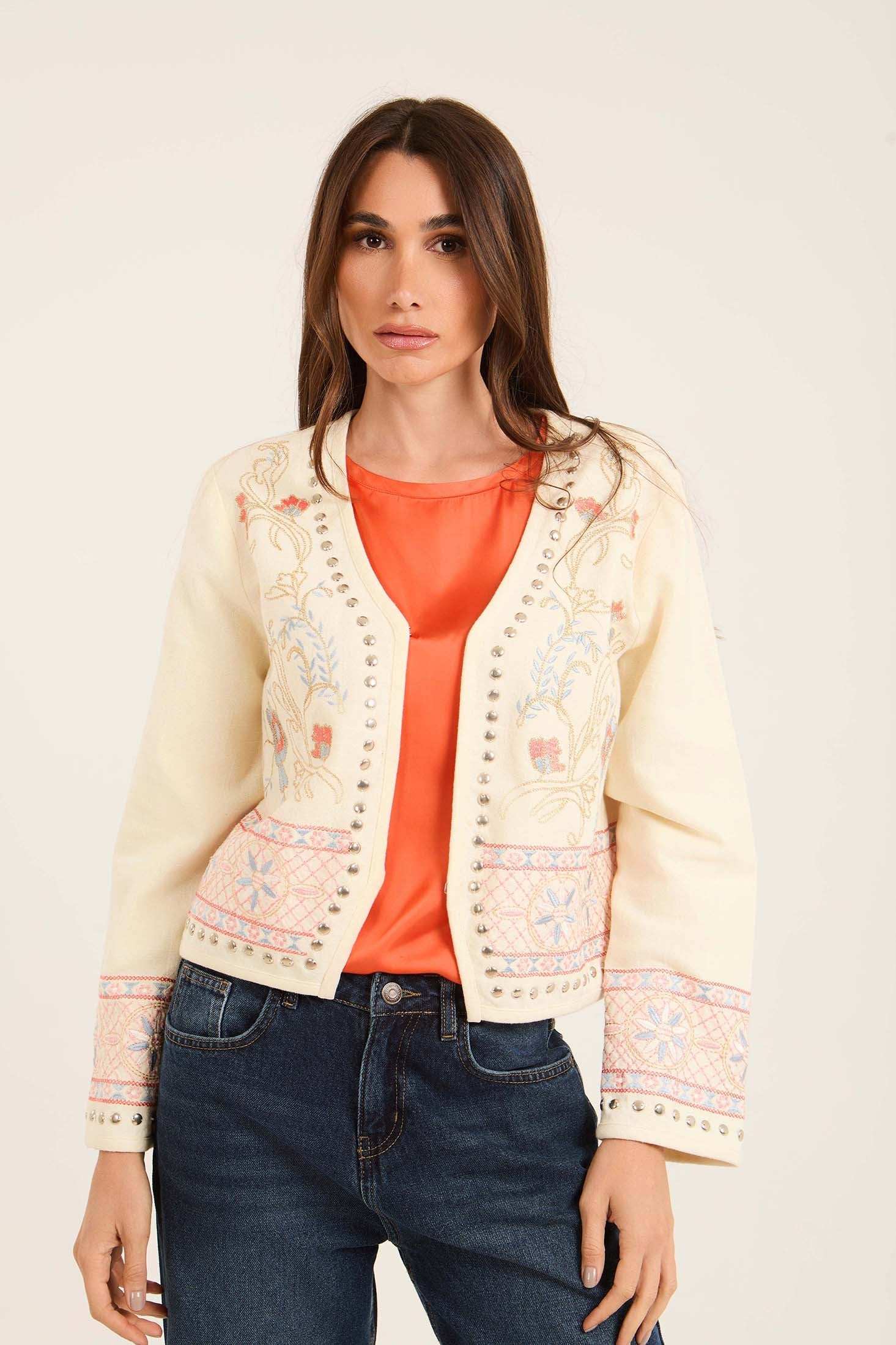 Embroidered Jacket with Studded Trim