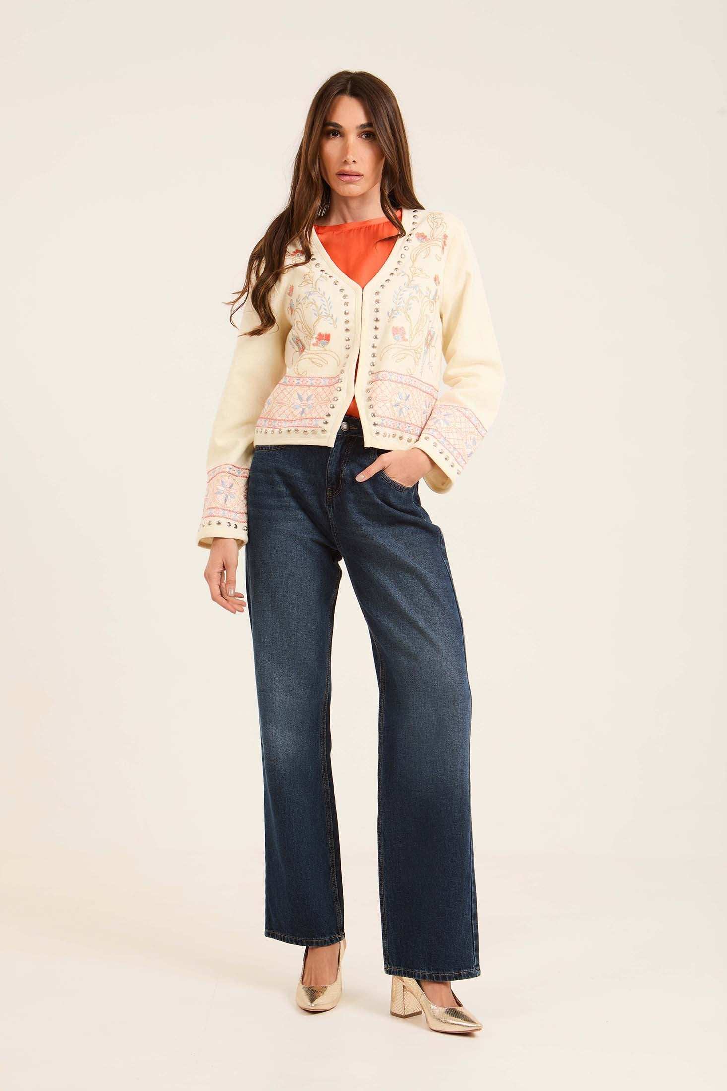 Embroidered Jacket with Studded Trim