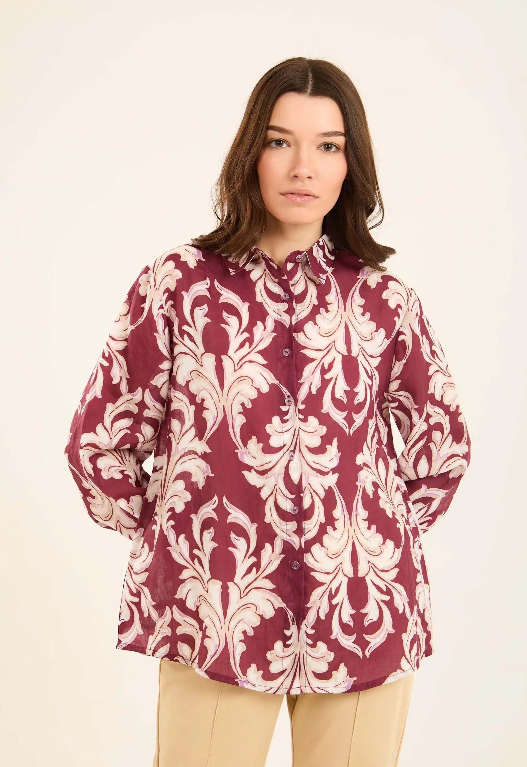 Printed Ramie Buttoned Long Shirt