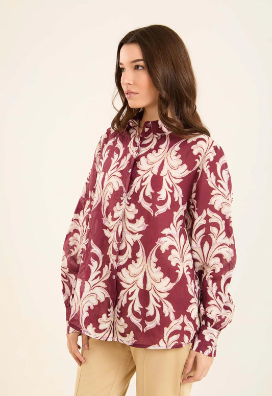 Printed Ramie Buttoned Long Shirt