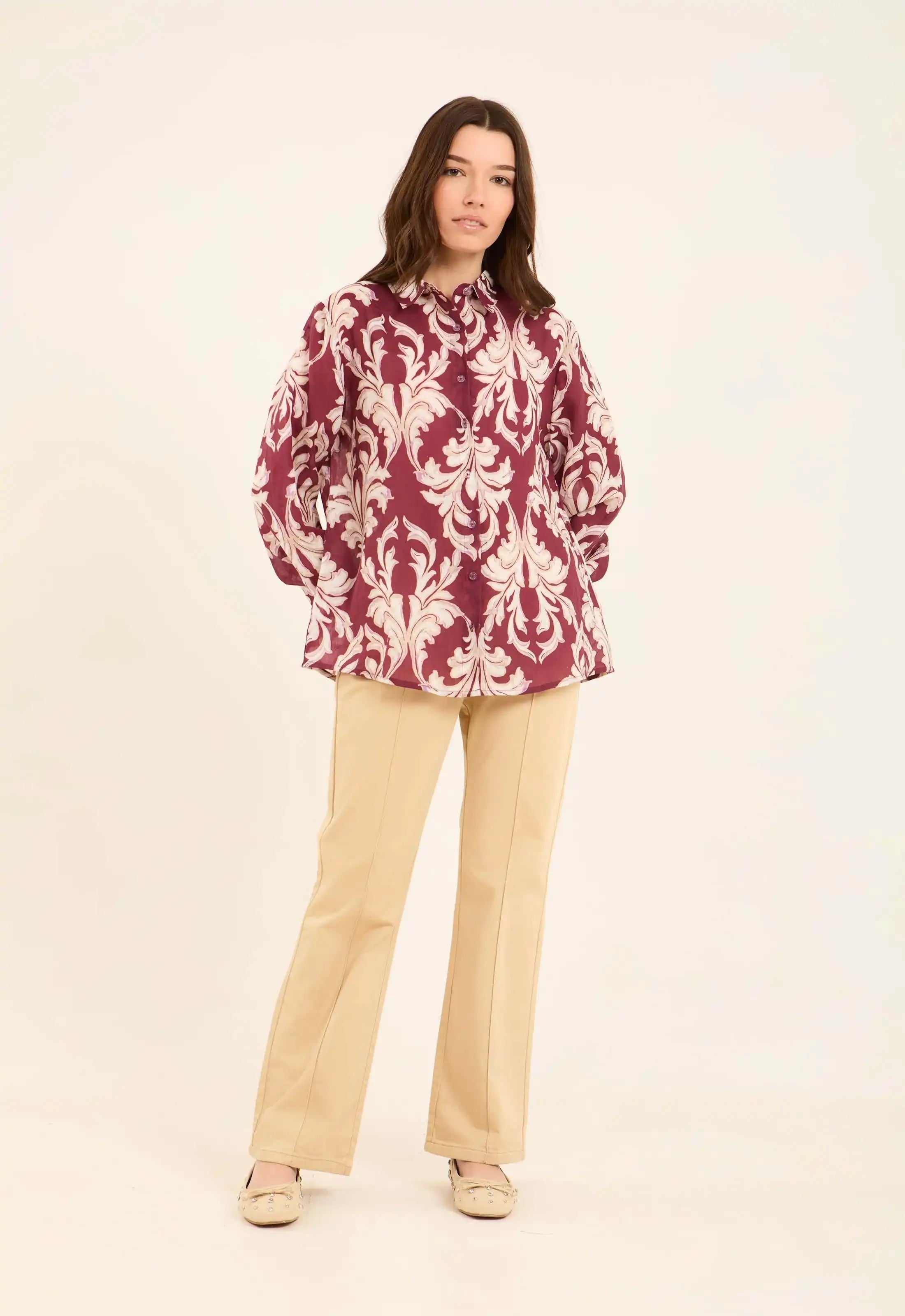 Printed Ramie Buttoned Long Shirt