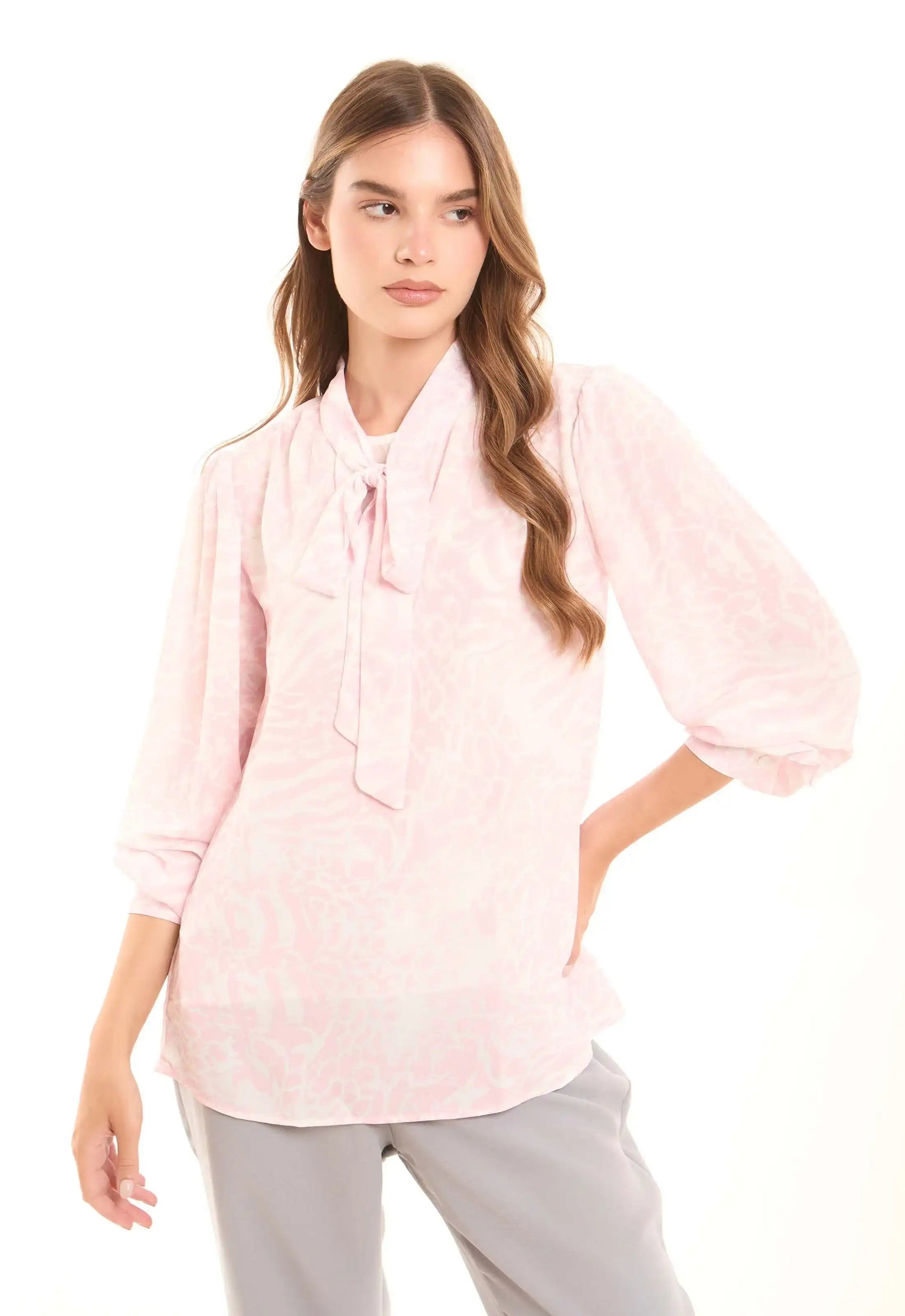 Soft Bow-Tie Blouse with Subtle Animal Print