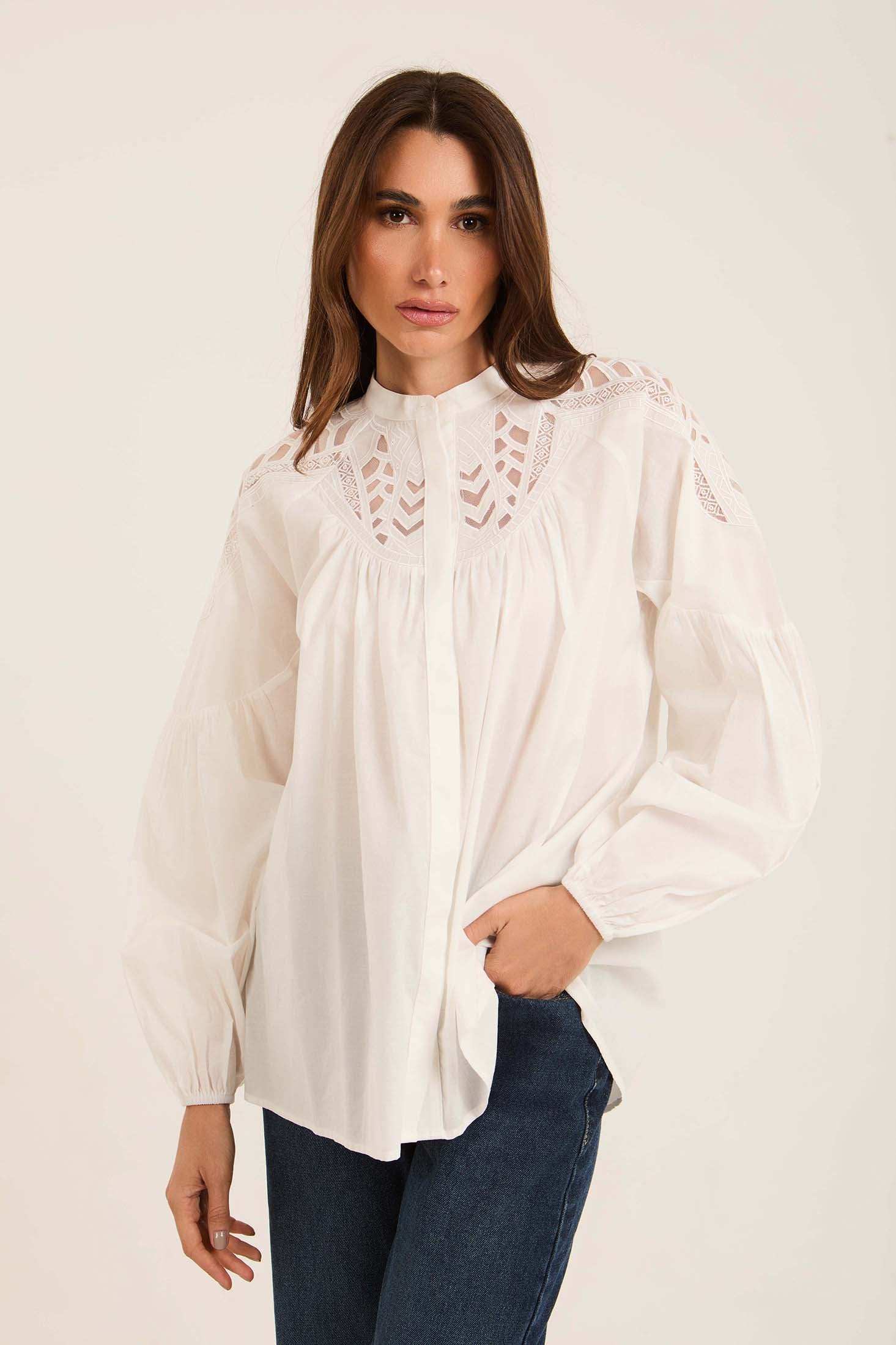 Embroidered Loose Shirt with Sheer Yoke Detail