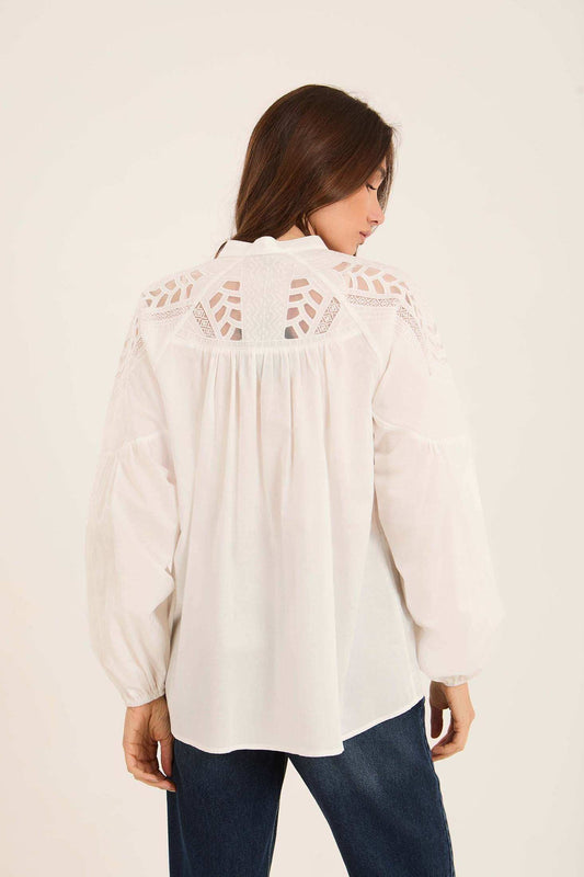 Embroidered Loose Shirt with Sheer Yoke Detail