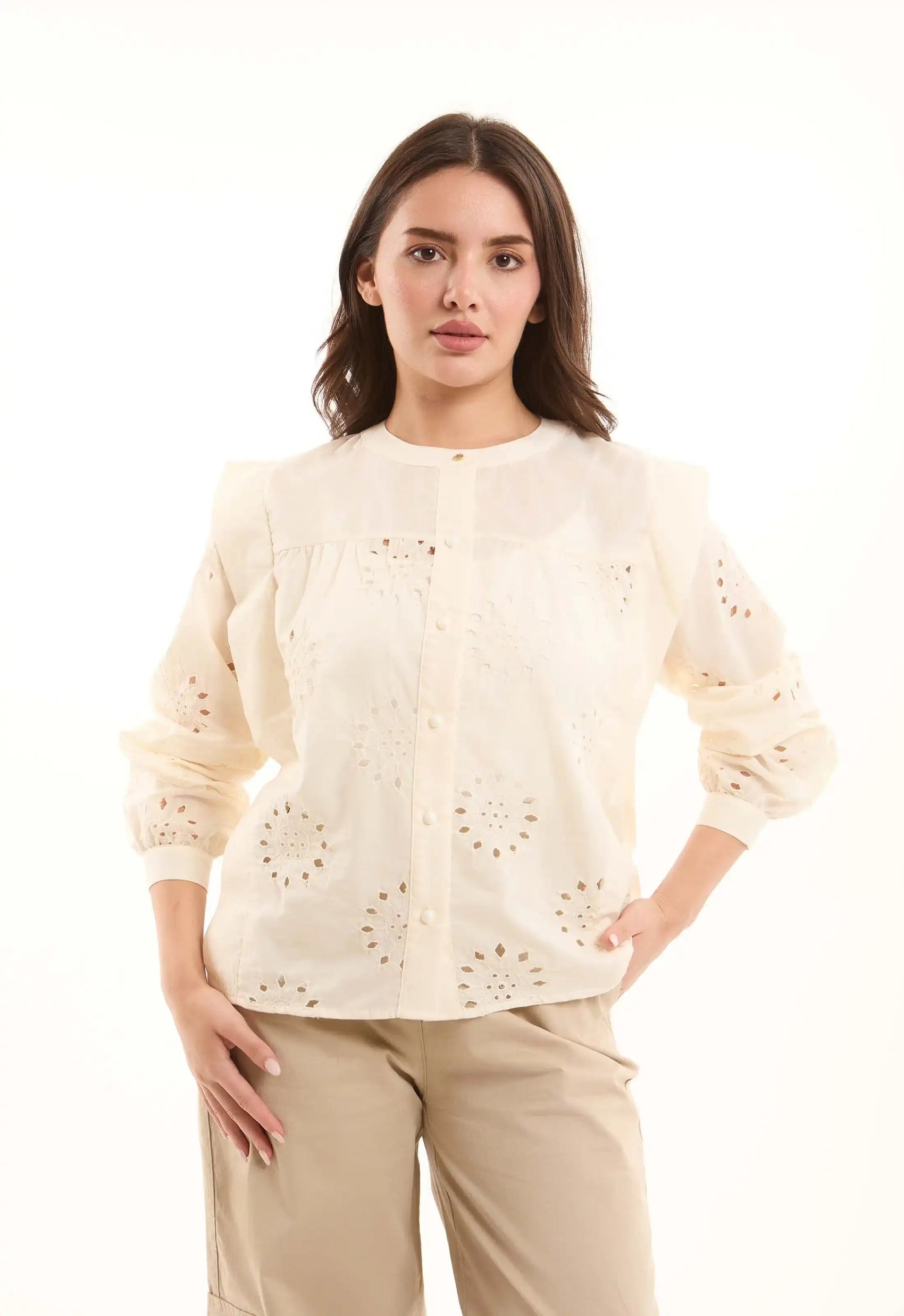 Embroidered Eyelet Shirt with Puff Shoulder Detail