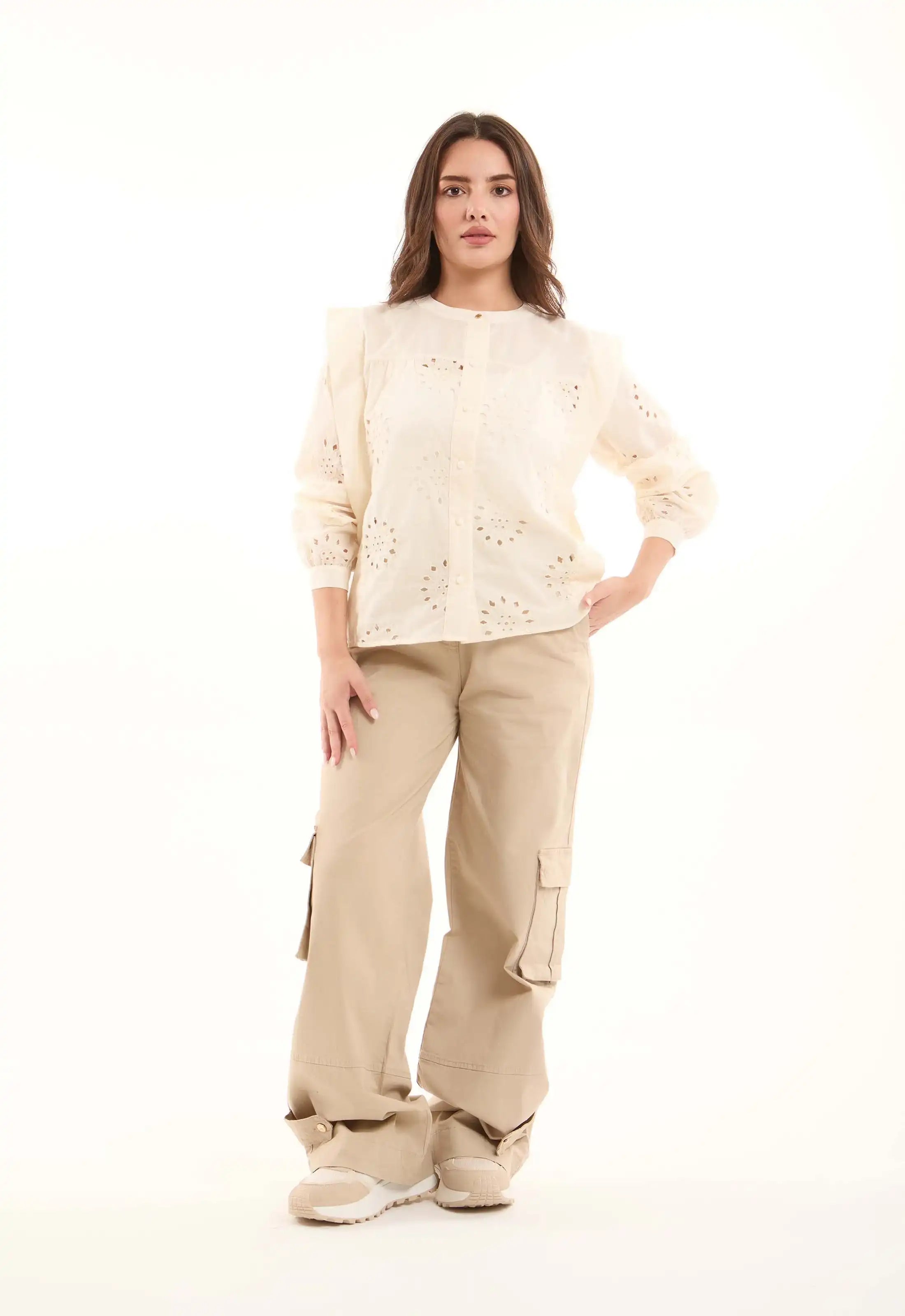 Embroidered Eyelet Shirt with Puff Shoulder Detail