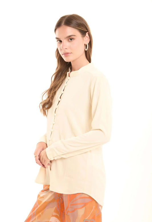 Minimalist Long-Sleeve Blouse with Fabric Buttons