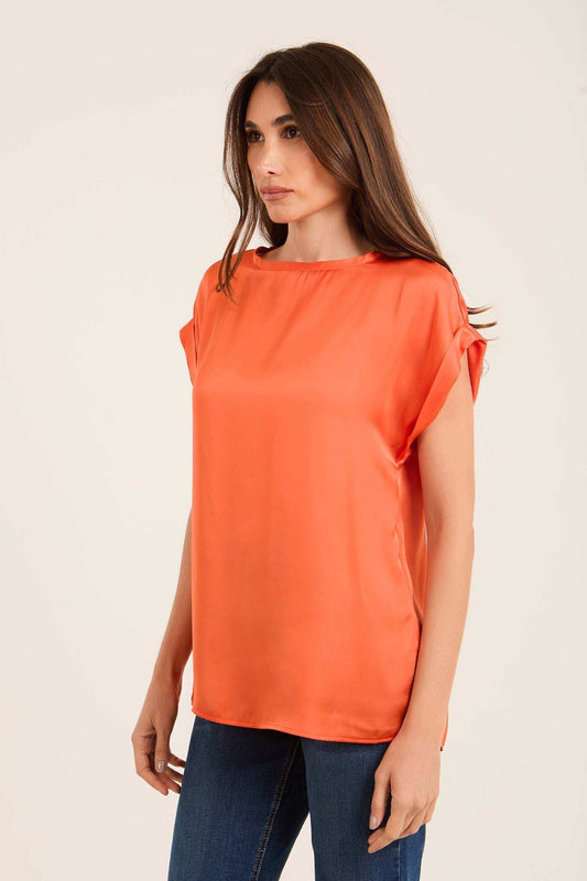 Roll-Up Short Sleeves Satin Top