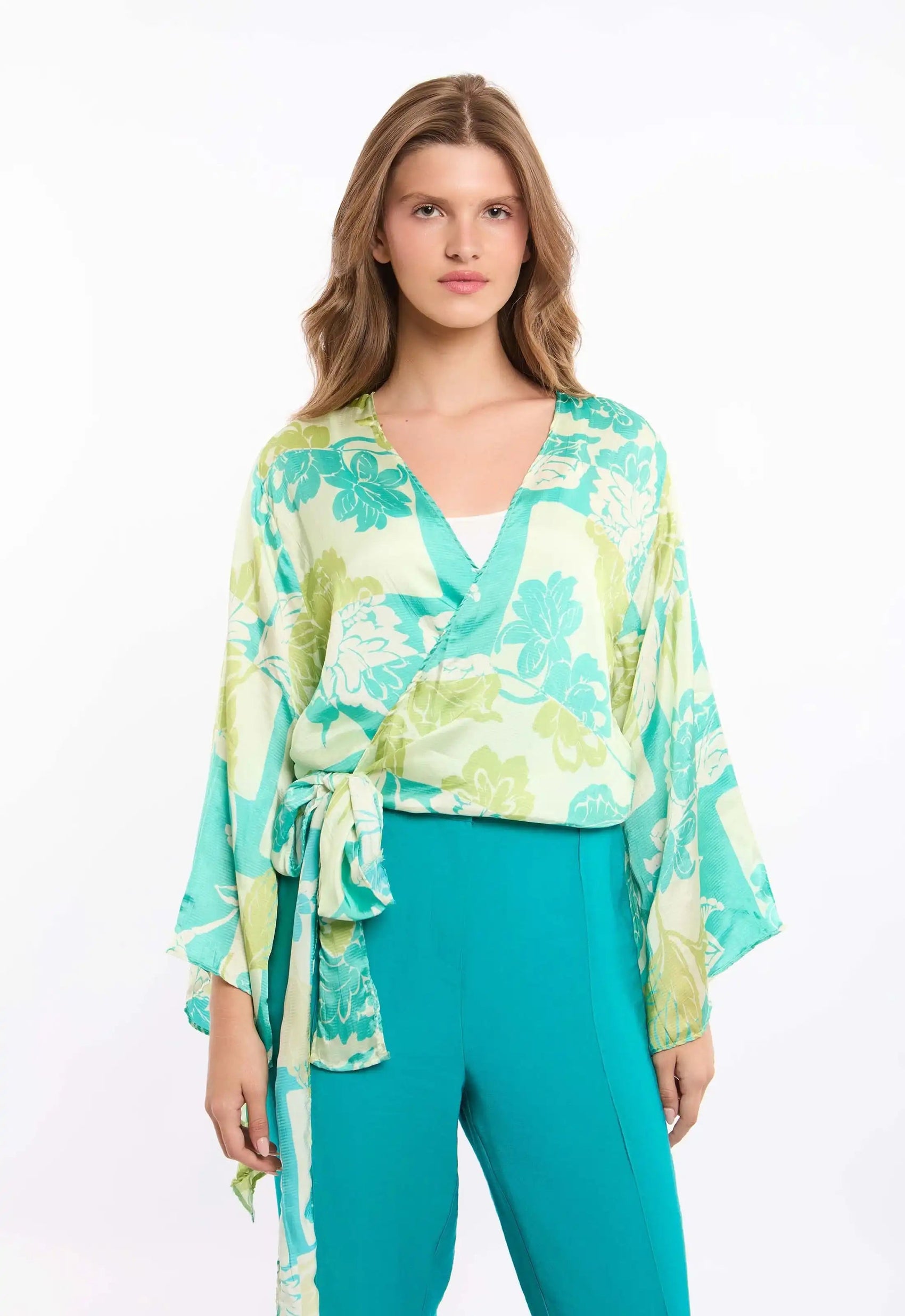 Botanical Wrap Blouse with Kimono Sleeves